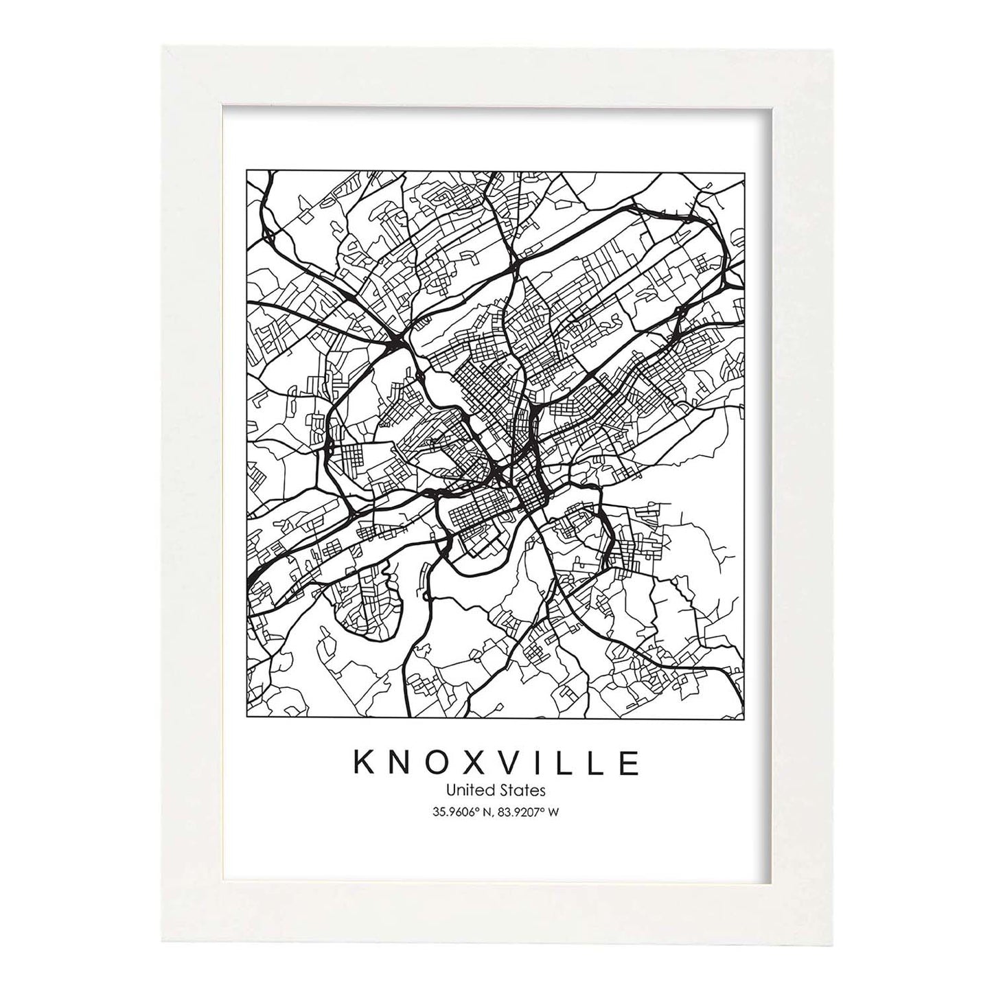 Poster con mapa de Knoxville. Lámina de Estados Unidos, con imágenes de mapas y carreteras-Artwork-Nacnic-A3-Marco Blanco-Nacnic Estudio SL
