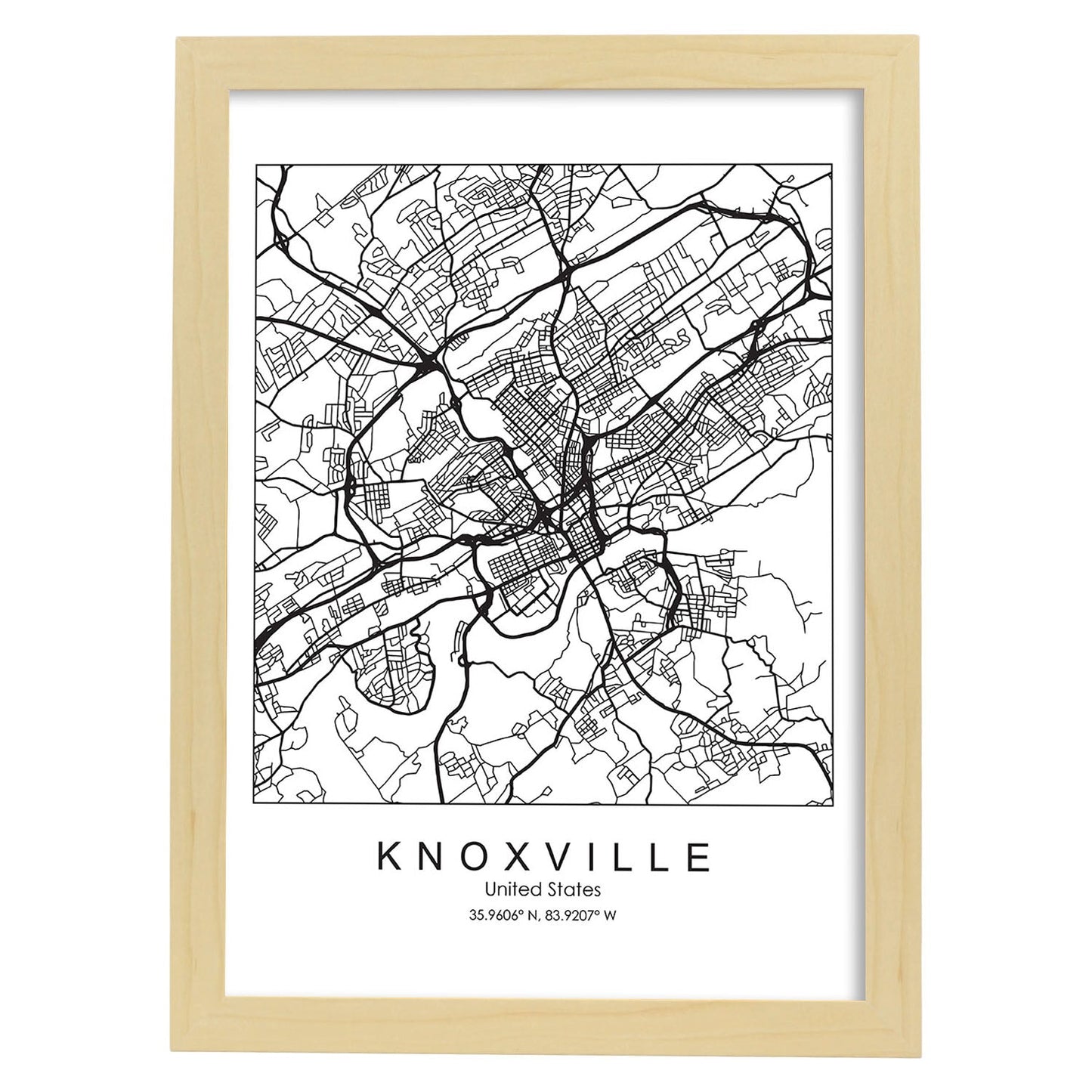 Poster con mapa de Knoxville. Lámina de Estados Unidos, con imágenes de mapas y carreteras-Artwork-Nacnic-A3-Marco Madera clara-Nacnic Estudio SL