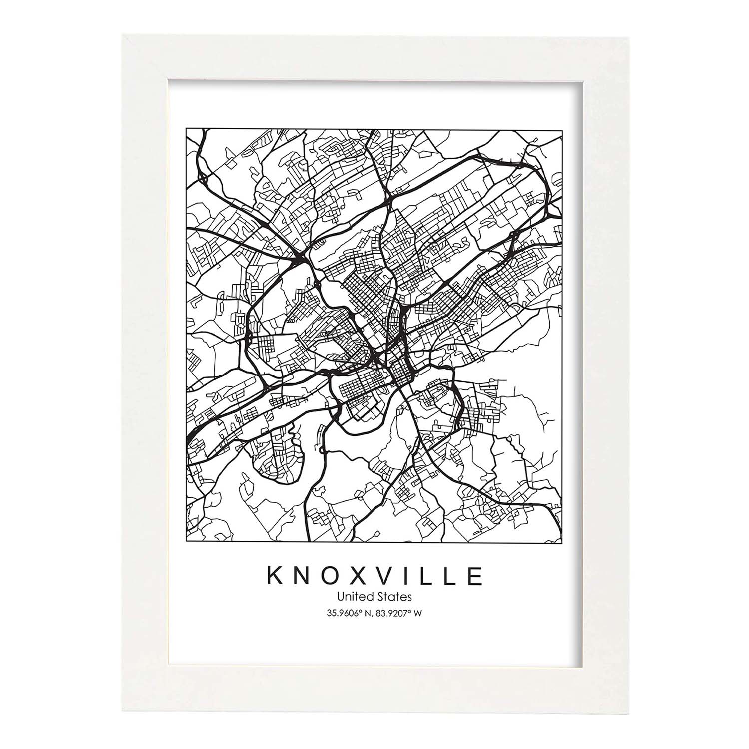 Poster con mapa de Knoxville. Lámina de Estados Unidos, con imágenes de mapas y carreteras-Artwork-Nacnic-A4-Marco Blanco-Nacnic Estudio SL
