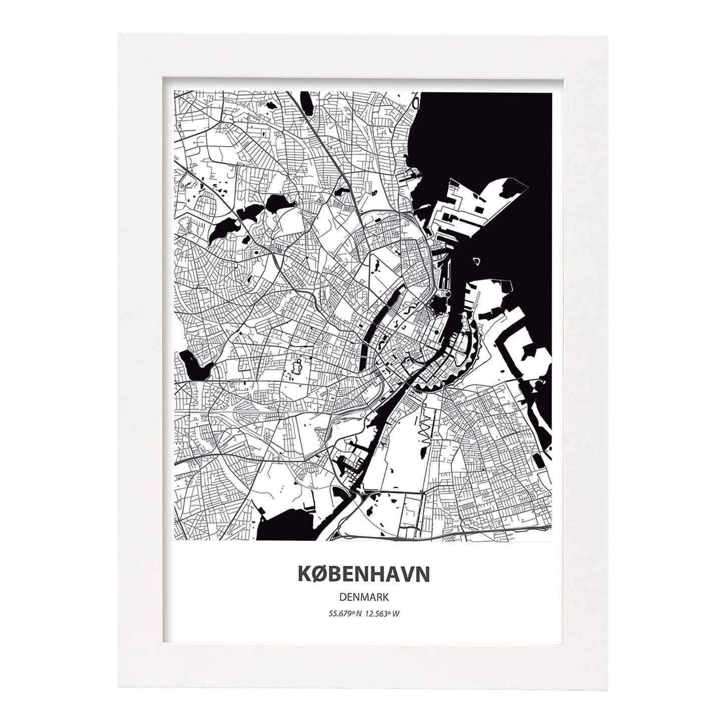 Poster con mapa de Kobenhavn - Dinamarca. Láminas de ciudades de Europa con mares y ríos en color negro.-Artwork-Nacnic-A3-Marco Blanco-Nacnic Estudio SL