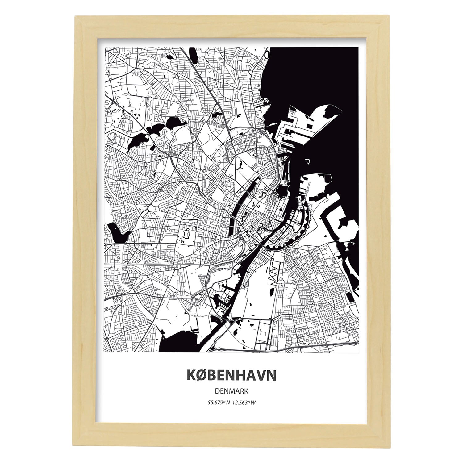 Poster con mapa de Kobenhavn - Dinamarca. Láminas de ciudades de Europa con mares y ríos en color negro.-Artwork-Nacnic-A3-Marco Madera clara-Nacnic Estudio SL