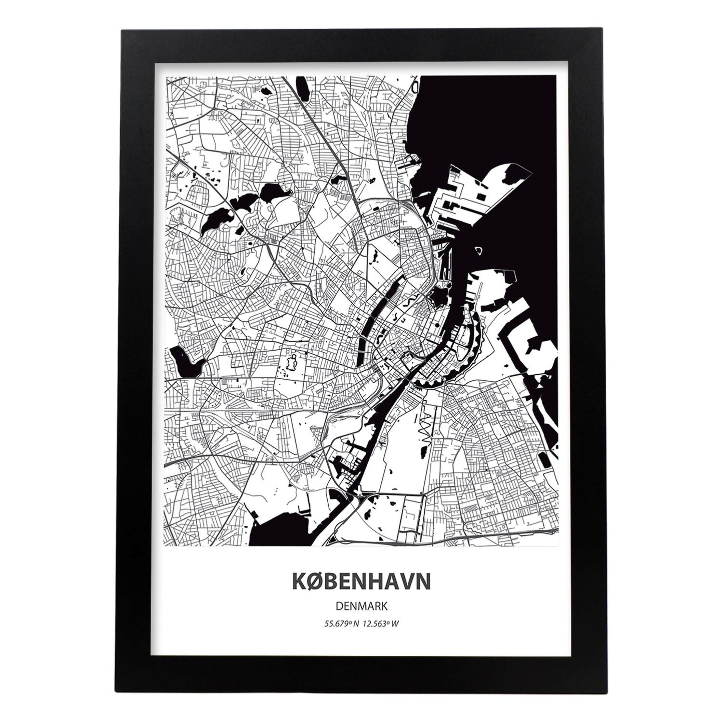 Poster con mapa de Kobenhavn - Dinamarca. Láminas de ciudades de Europa con mares y ríos en color negro.-Artwork-Nacnic-A3-Marco Negro-Nacnic Estudio SL