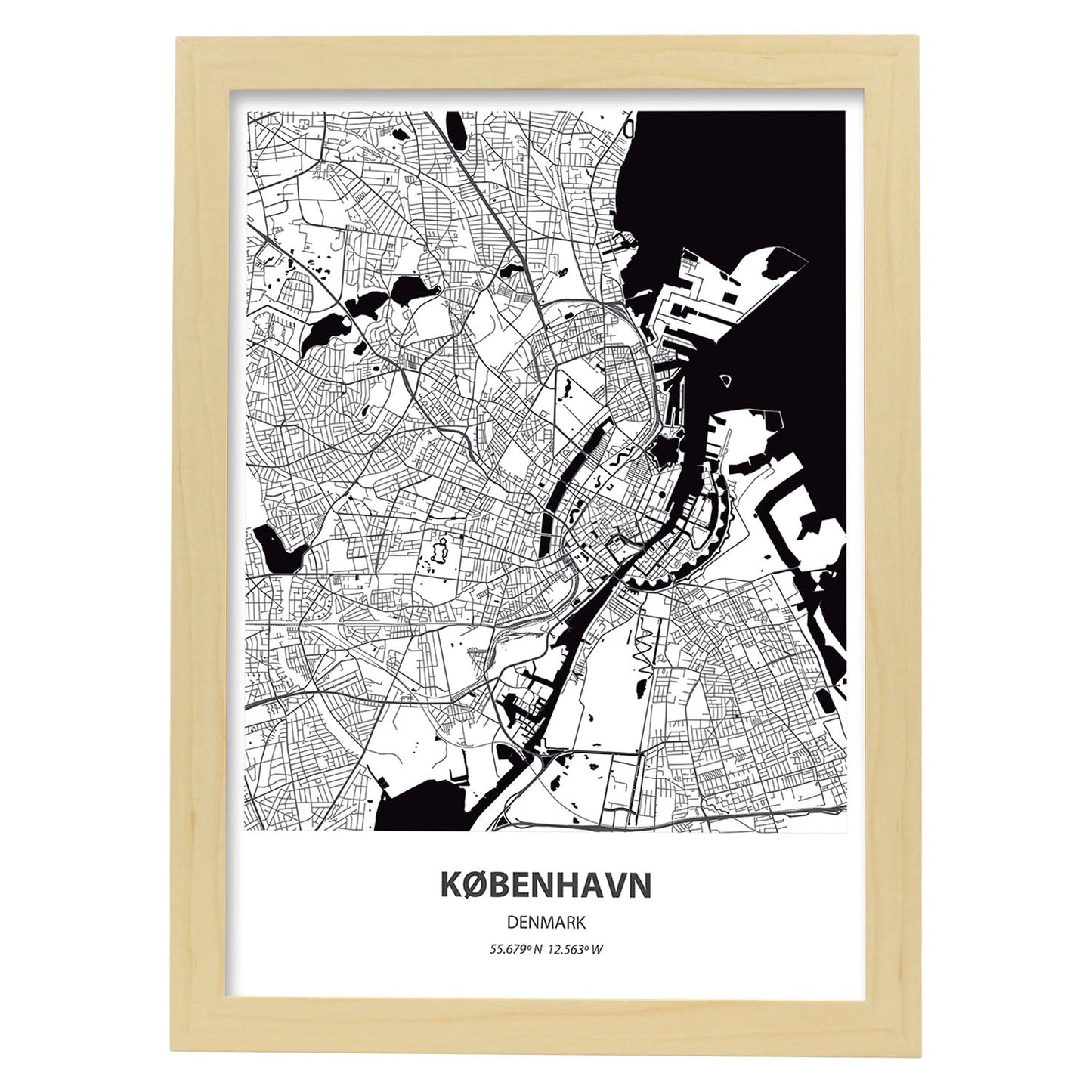 Poster con mapa de Kobenhavn - Dinamarca. Láminas de ciudades de Europa con mares y ríos en color negro.-Artwork-Nacnic-A4-Marco Madera clara-Nacnic Estudio SL