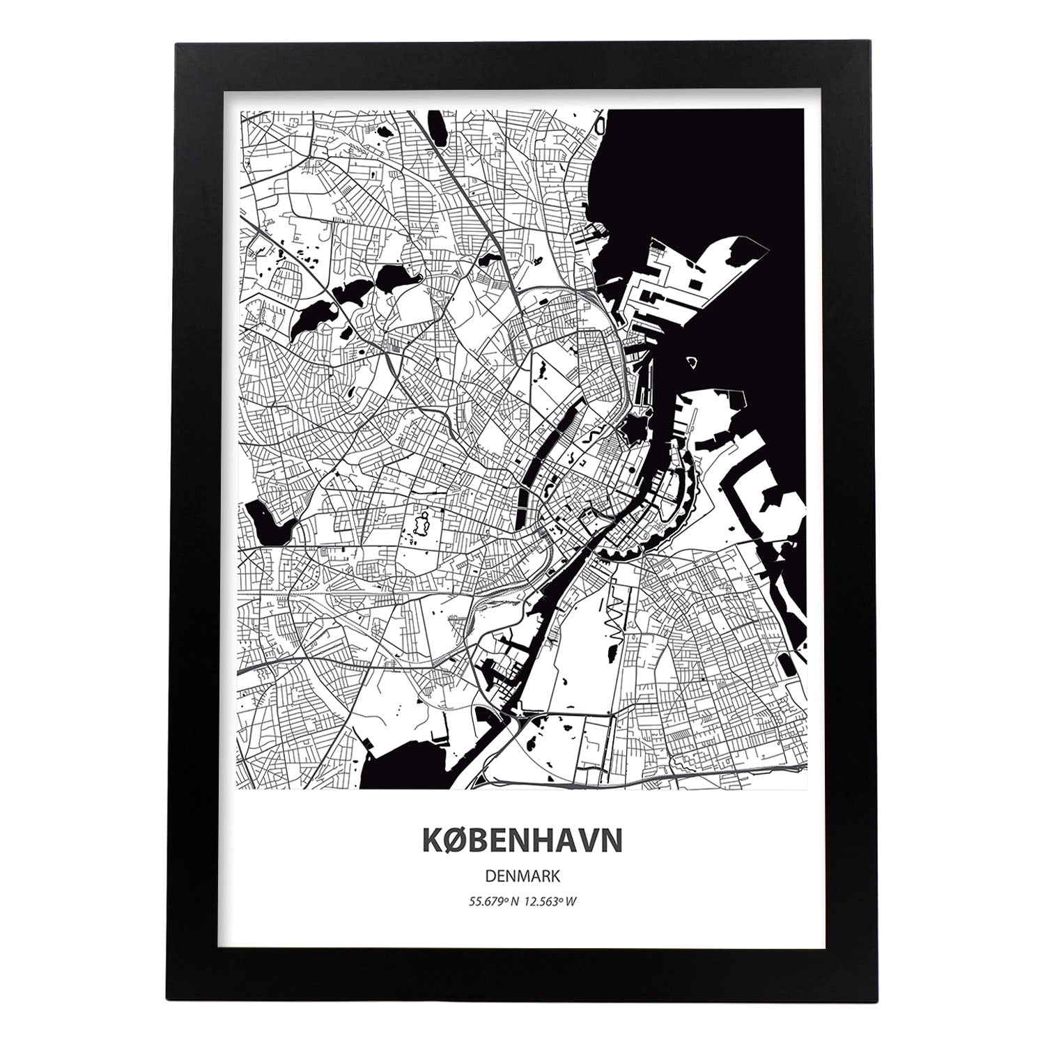 Poster con mapa de Kobenhavn - Dinamarca. Láminas de ciudades de Europa con mares y ríos en color negro.-Artwork-Nacnic-A4-Marco Negro-Nacnic Estudio SL