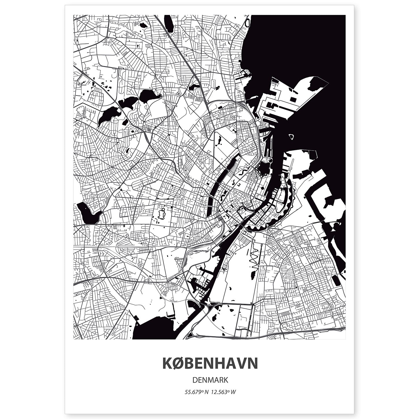 Poster con mapa de Kobenhavn - Dinamarca. Láminas de ciudades de Europa con mares y ríos en color negro.-Artwork-Nacnic-A4-Sin marco-Nacnic Estudio SL