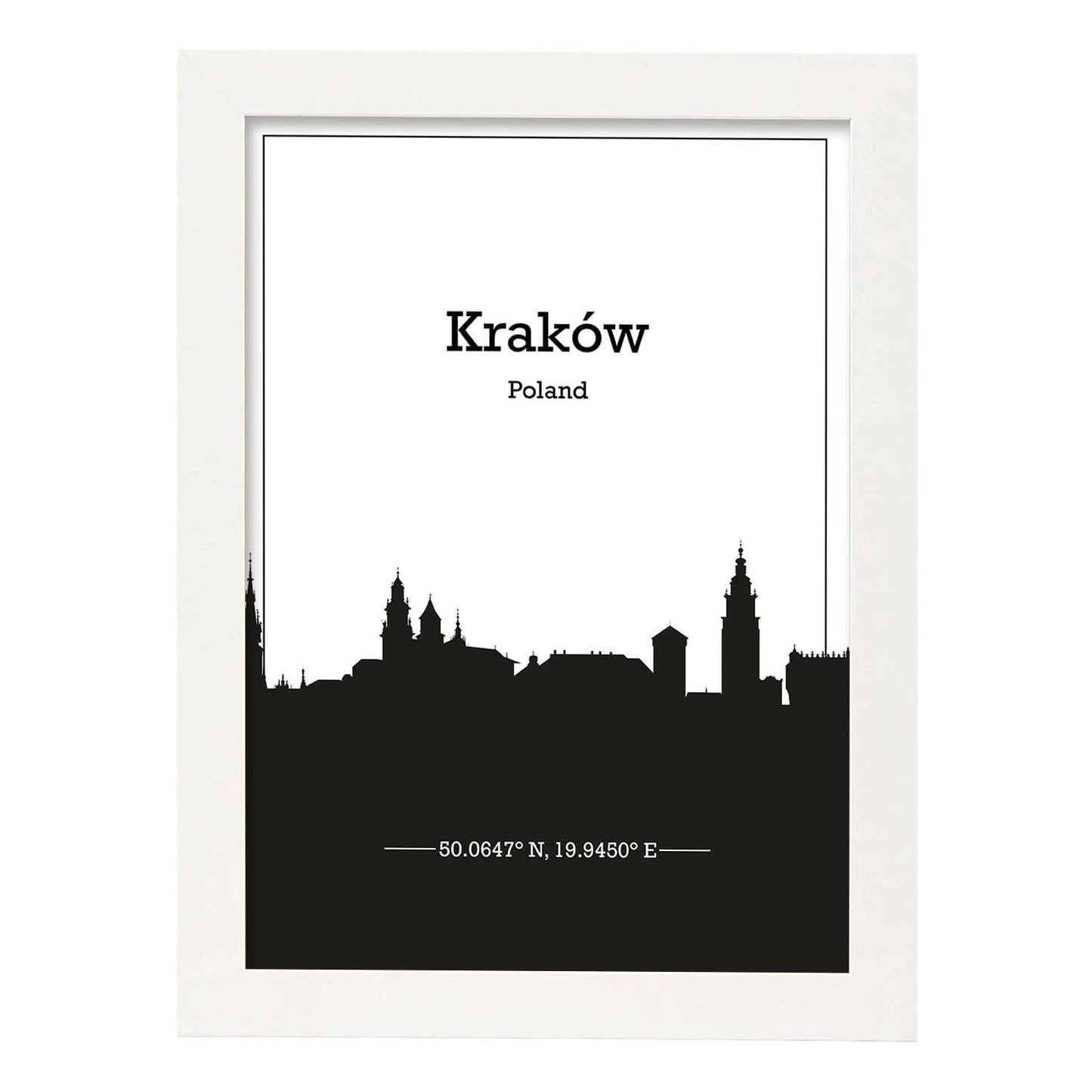 Poster con mapa de Krakow - Polonia. Láminas con Skyline de ciudades de Europa con sombra negra.-Artwork-Nacnic-A3-Marco Blanco-Nacnic Estudio SL