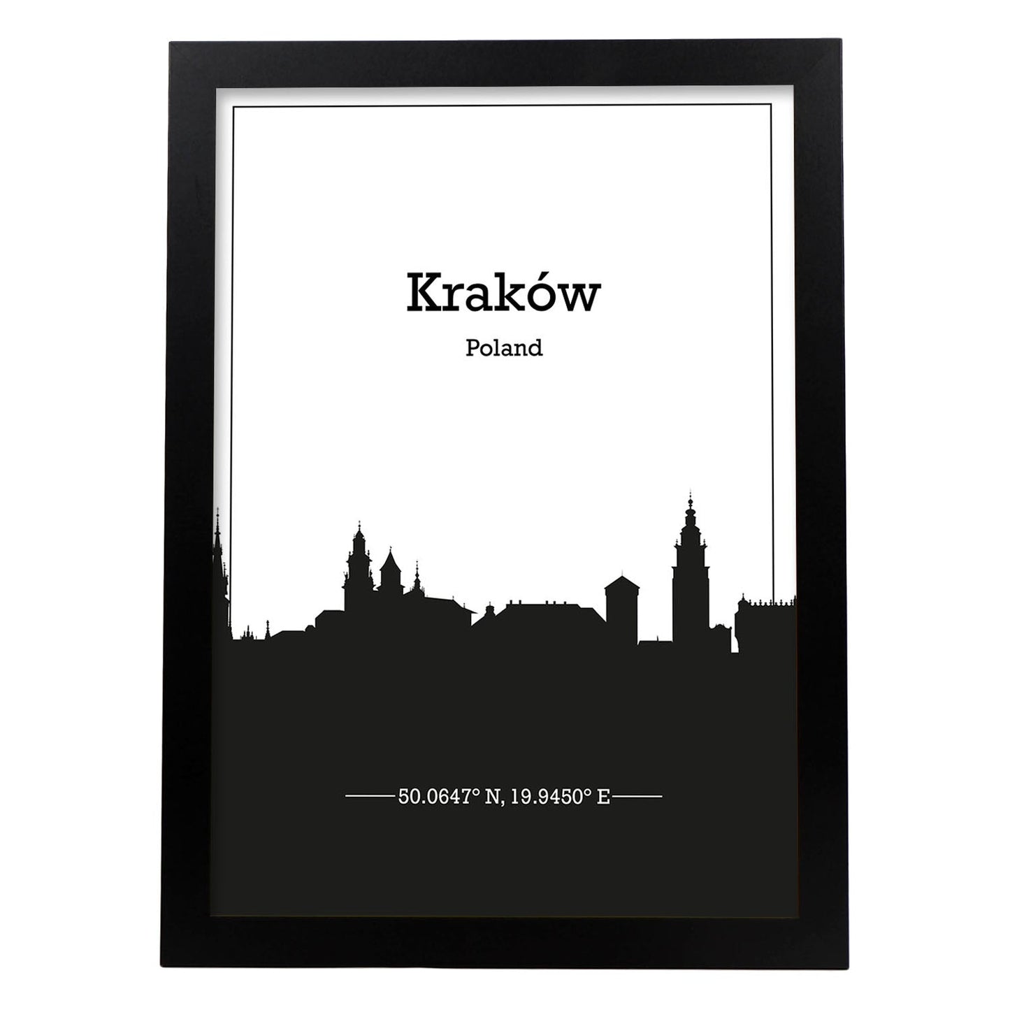 Poster con mapa de Krakow - Polonia. Láminas con Skyline de ciudades de Europa con sombra negra.-Artwork-Nacnic-A3-Marco Negro-Nacnic Estudio SL