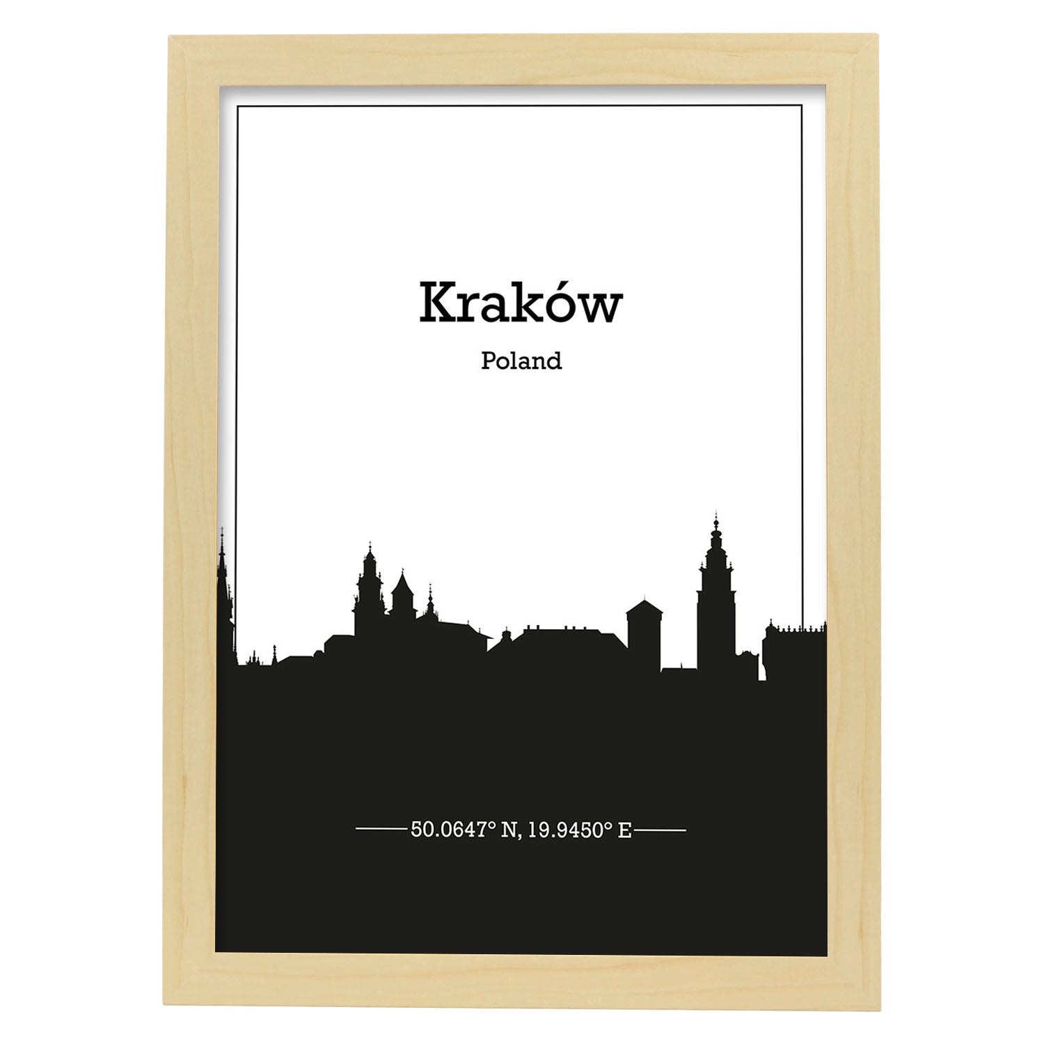 Poster con mapa de Krakow - Polonia. Láminas con Skyline de ciudades de Europa con sombra negra.-Artwork-Nacnic-A4-Marco Madera clara-Nacnic Estudio SL