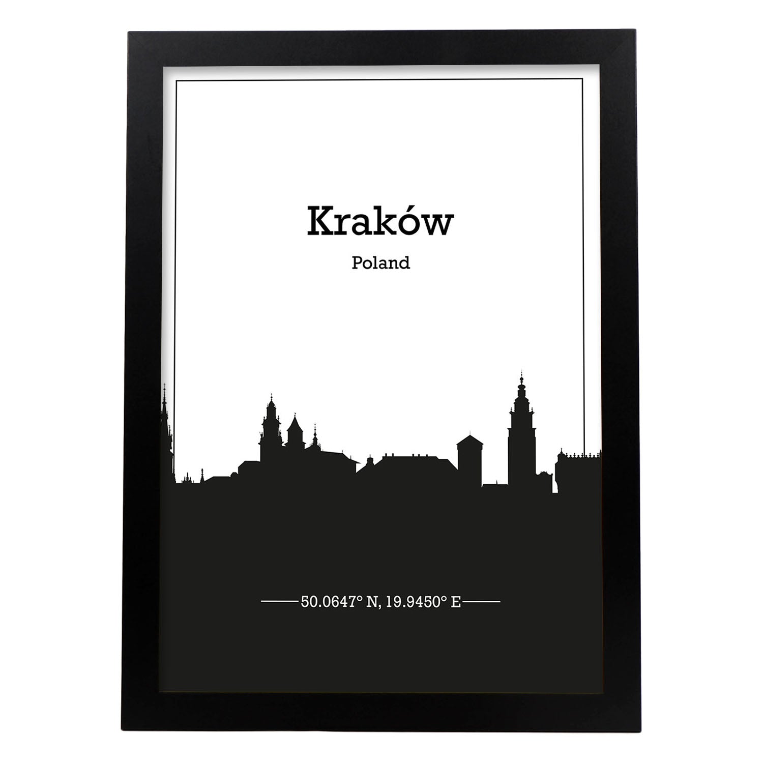 Poster con mapa de Krakow - Polonia. Láminas con Skyline de ciudades de Europa con sombra negra.-Artwork-Nacnic-A4-Marco Negro-Nacnic Estudio SL