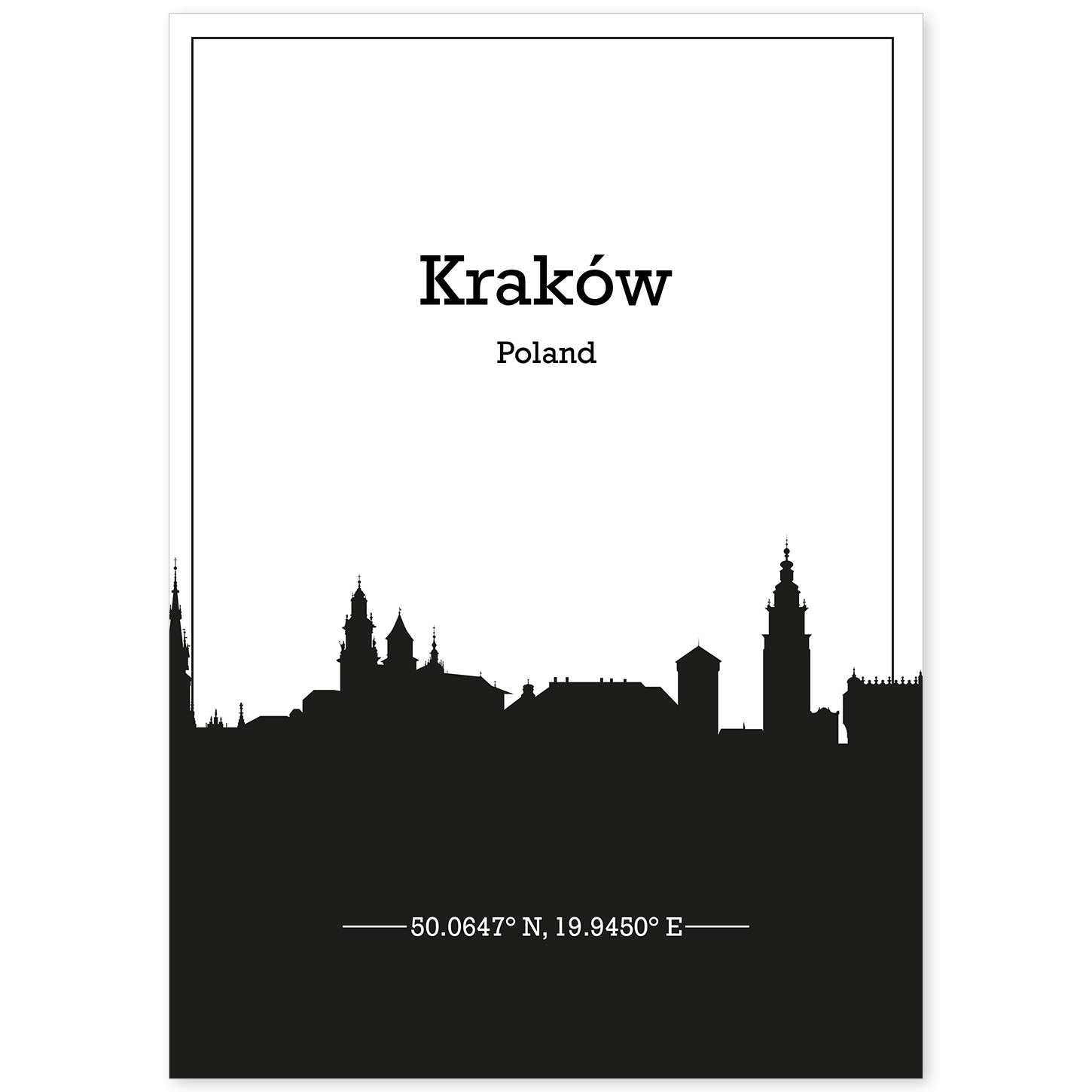 Poster con mapa de Krakow - Polonia. Láminas con Skyline de ciudades de Europa con sombra negra.-Artwork-Nacnic-A4-Sin marco-Nacnic Estudio SL