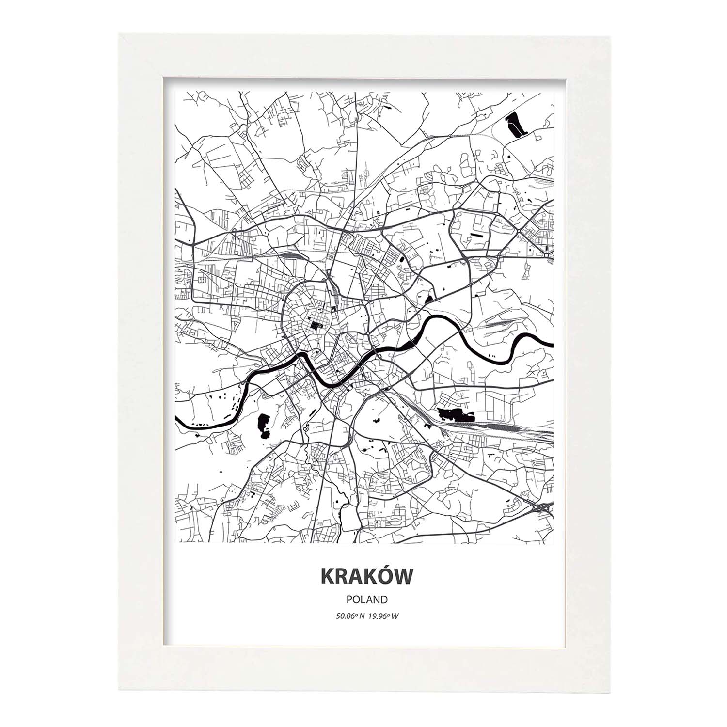 Poster con mapa de Krakow - Polonia. Láminas de ciudades de Europa con mares y ríos en color negro.-Artwork-Nacnic-A3-Marco Blanco-Nacnic Estudio SL