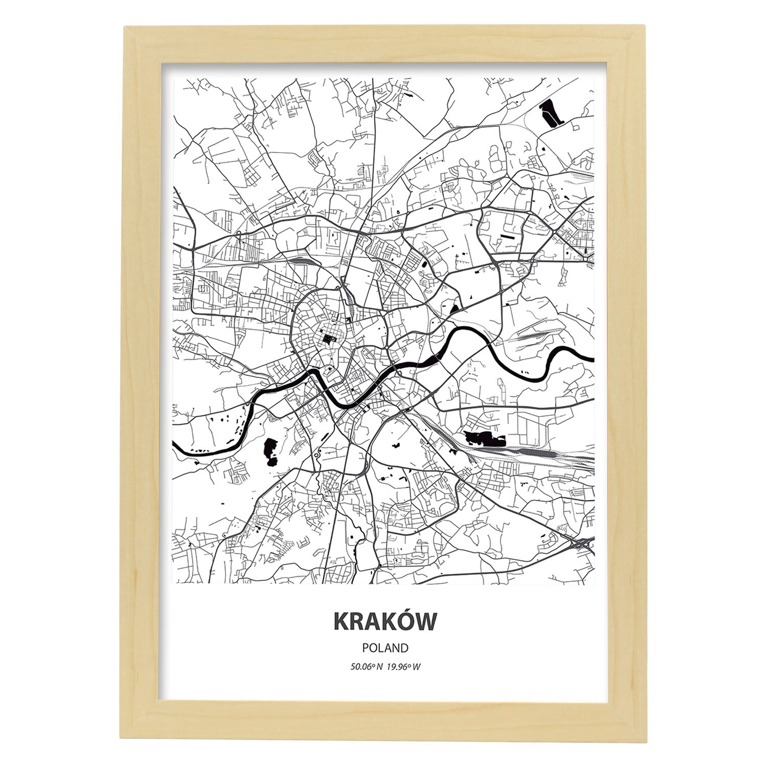Poster con mapa de Krakow - Polonia. Láminas de ciudades de Europa con mares y ríos en color negro.-Artwork-Nacnic-A3-Marco Madera clara-Nacnic Estudio SL