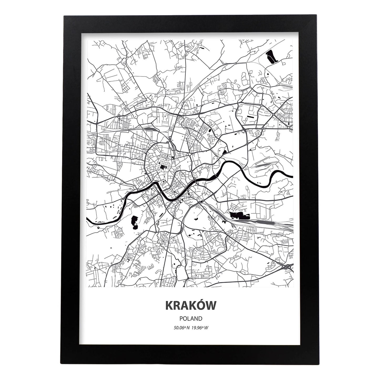 Poster con mapa de Krakow - Polonia. Láminas de ciudades de Europa con mares y ríos en color negro.-Artwork-Nacnic-A3-Marco Negro-Nacnic Estudio SL
