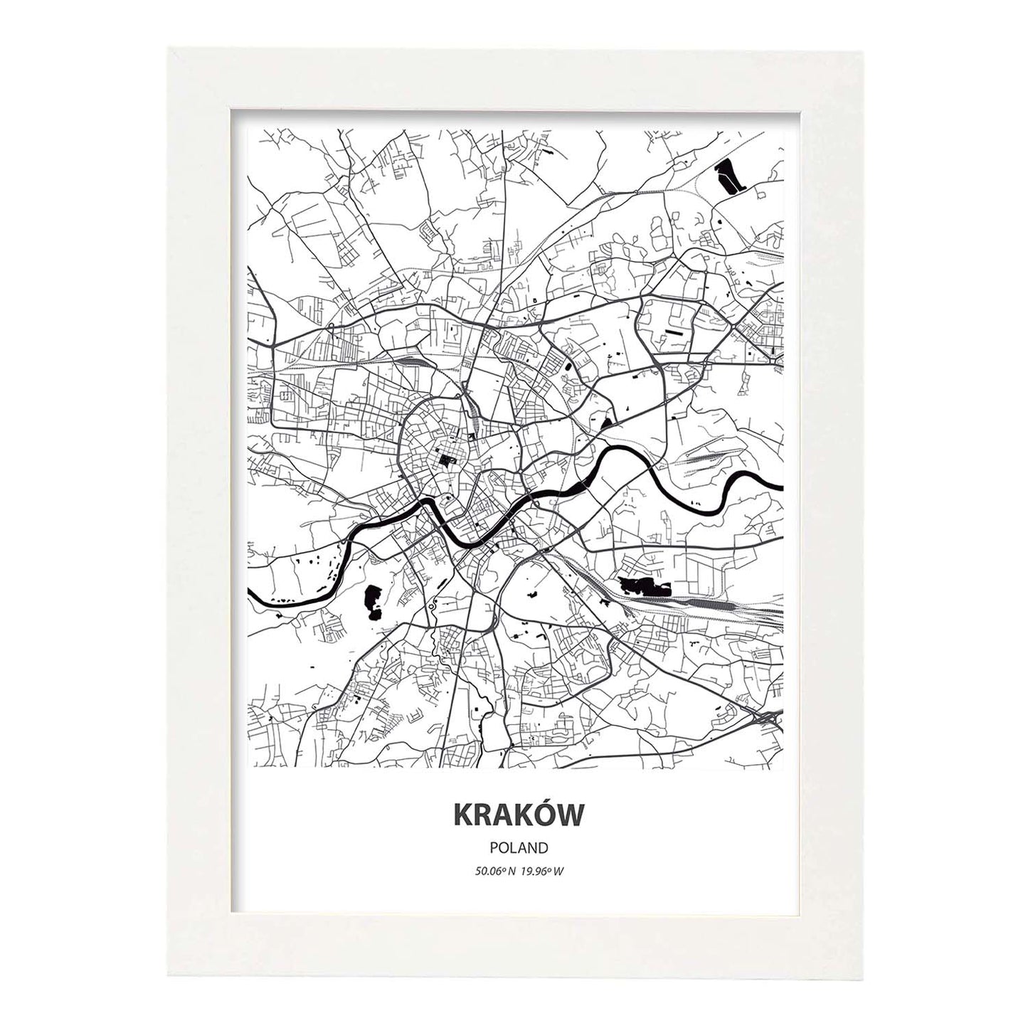 Poster con mapa de Krakow - Polonia. Láminas de ciudades de Europa con mares y ríos en color negro.-Artwork-Nacnic-A4-Marco Blanco-Nacnic Estudio SL