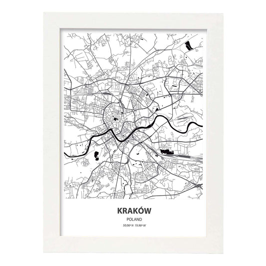 Poster con mapa de Krakow - Polonia. Láminas de ciudades de Europa con mares y ríos en color negro.-Artwork-Nacnic-A4-Marco Blanco-Nacnic Estudio SL