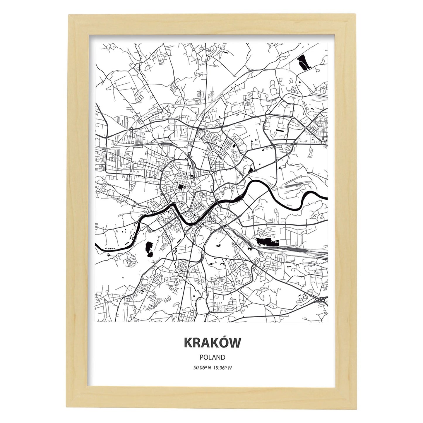 Poster con mapa de Krakow - Polonia. Láminas de ciudades de Europa con mares y ríos en color negro.-Artwork-Nacnic-A4-Marco Madera clara-Nacnic Estudio SL