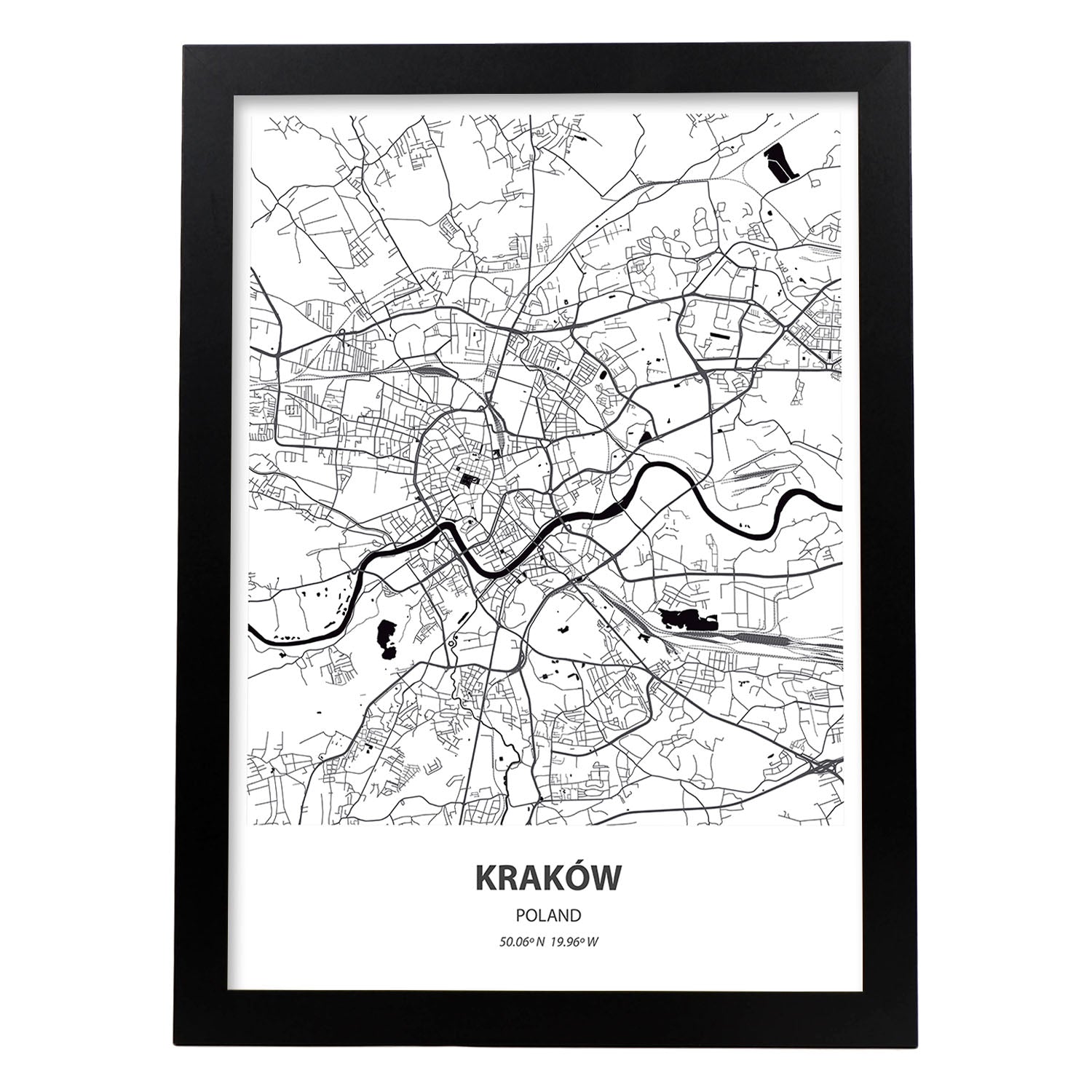Poster con mapa de Krakow - Polonia. Láminas de ciudades de Europa con mares y ríos en color negro.-Artwork-Nacnic-A4-Marco Negro-Nacnic Estudio SL