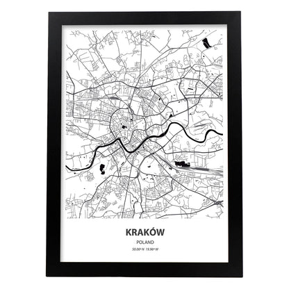 Poster con mapa de Krakow - Polonia. Láminas de ciudades de Europa con mares y ríos en color negro.-Artwork-Nacnic-A4-Marco Negro-Nacnic Estudio SL