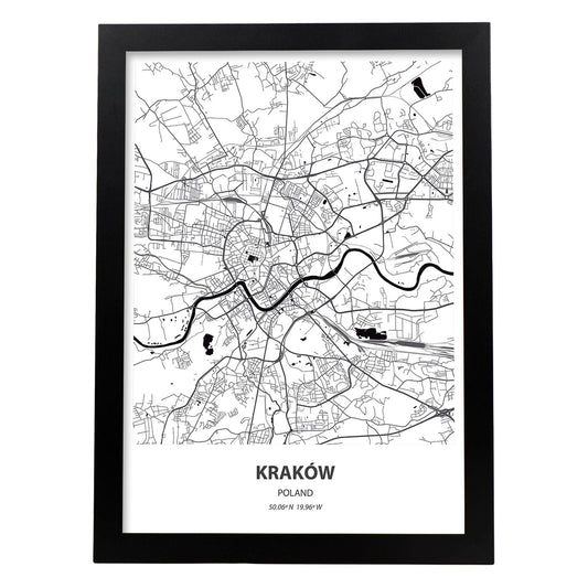 Poster con mapa de Krakow - Polonia. Láminas de ciudades de Europa con mares y ríos en color negro.-Artwork-Nacnic-A4-Marco Negro-Nacnic Estudio SL