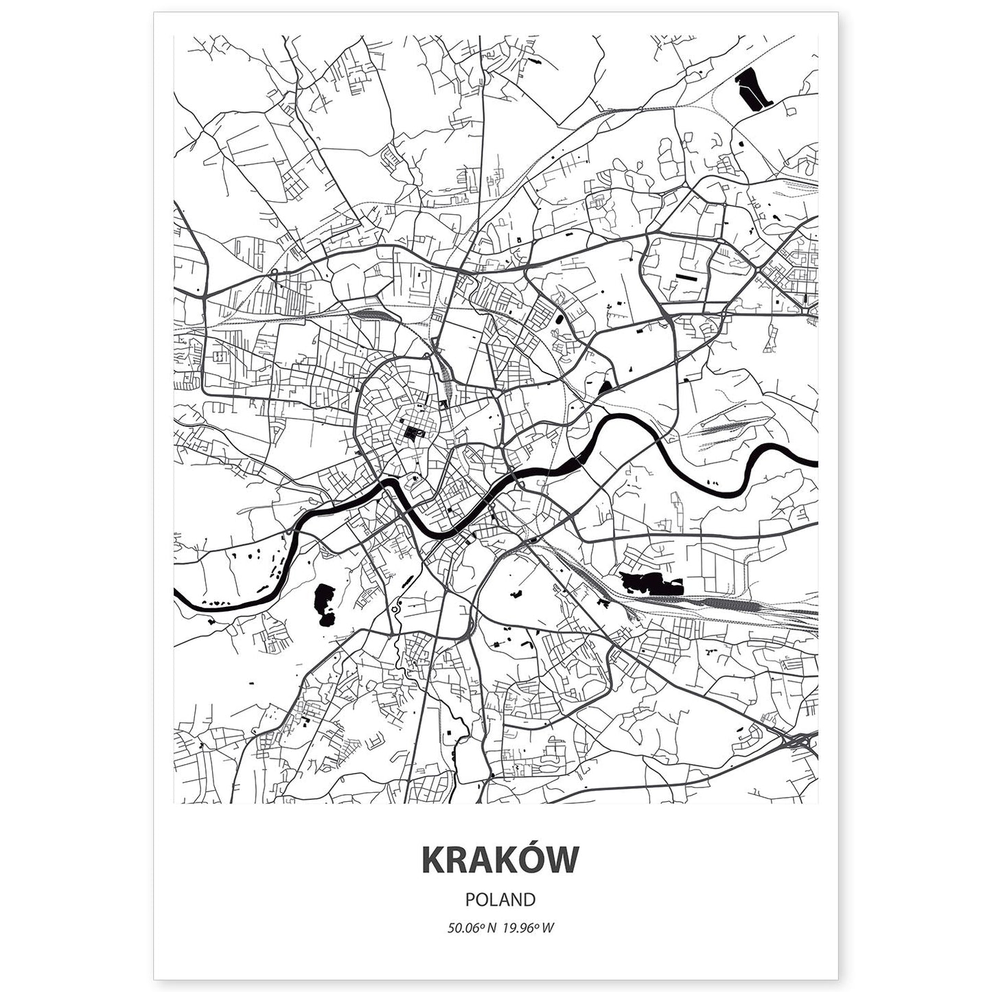 Poster con mapa de Krakow - Polonia. Láminas de ciudades de Europa con mares y ríos en color negro.-Artwork-Nacnic-A4-Sin marco-Nacnic Estudio SL