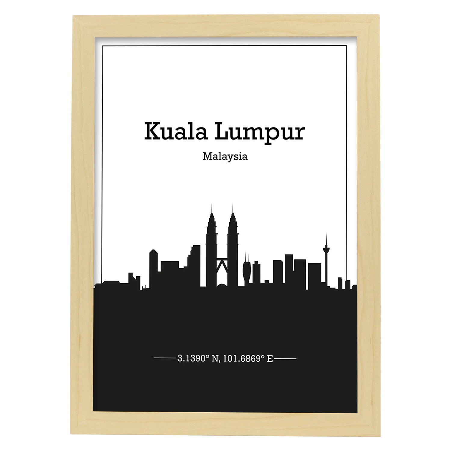 Poster con mapa de Kuala - Lumpur - Malasia. Láminas con Skyline de ciudades de Asia, Australia, y Oriente Medio con sombra negra.-Artwork-Nacnic-A3-Marco Madera clara-Nacnic Estudio SL