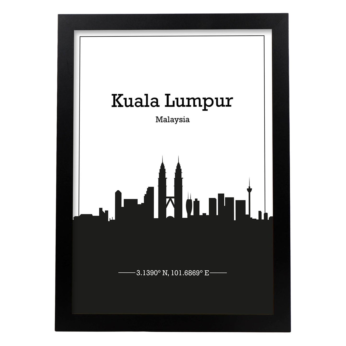 Poster con mapa de Kuala - Lumpur - Malasia. Láminas con Skyline de ciudades de Asia, Australia, y Oriente Medio con sombra negra.-Artwork-Nacnic-A3-Marco Negro-Nacnic Estudio SL