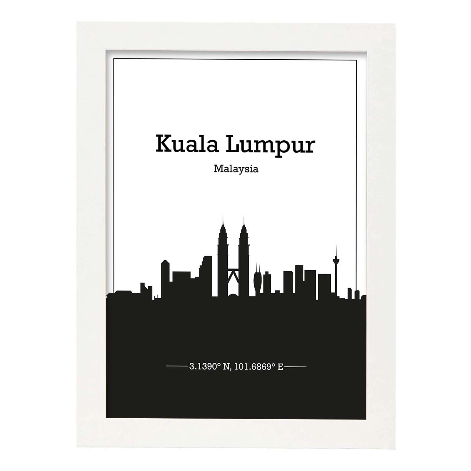 Poster con mapa de Kuala - Lumpur - Malasia. Láminas con Skyline de ciudades de Asia, Australia, y Oriente Medio con sombra negra.-Artwork-Nacnic-A4-Marco Blanco-Nacnic Estudio SL