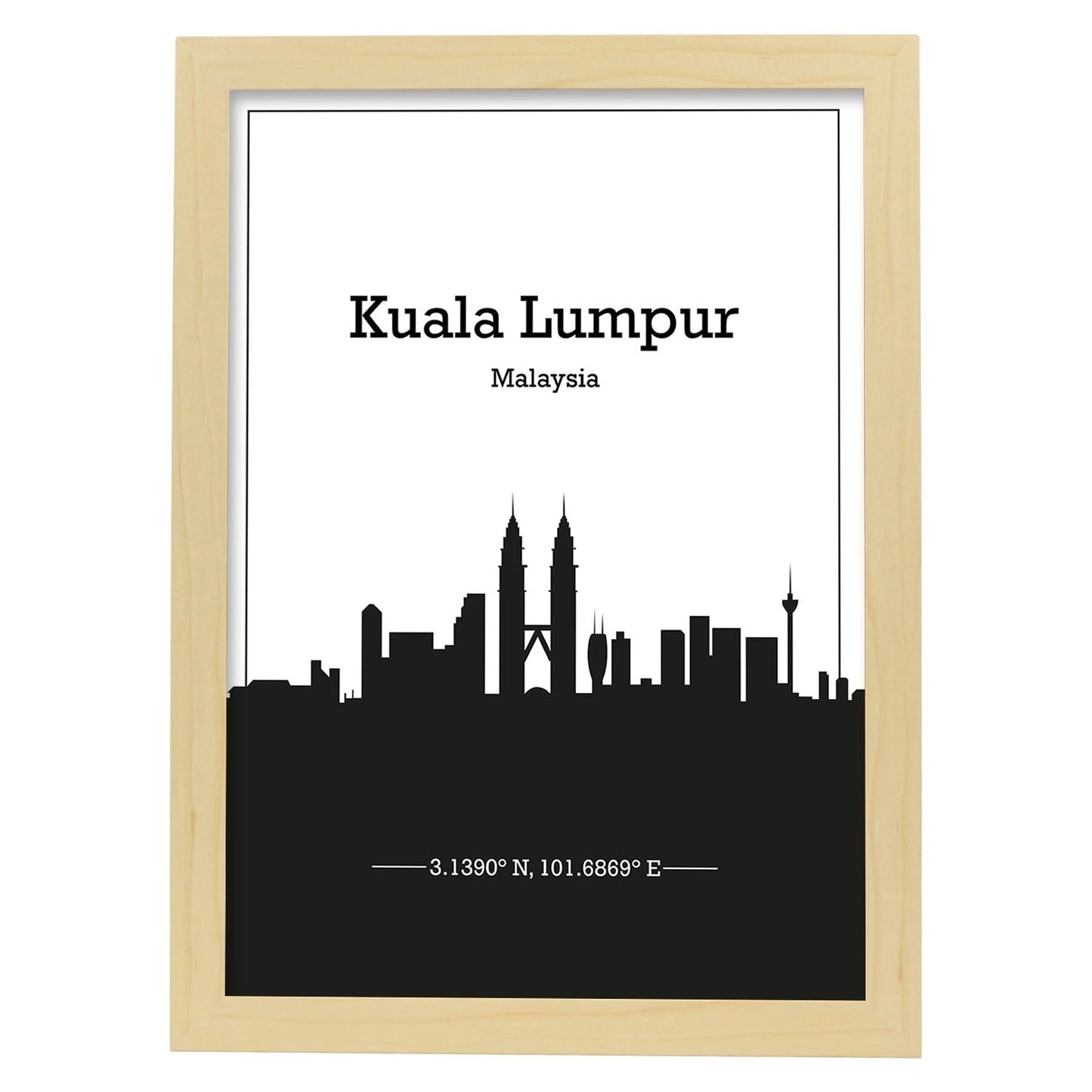 Poster con mapa de Kuala - Lumpur - Malasia. Láminas con Skyline de ciudades de Asia, Australia, y Oriente Medio con sombra negra.-Artwork-Nacnic-A4-Marco Madera clara-Nacnic Estudio SL