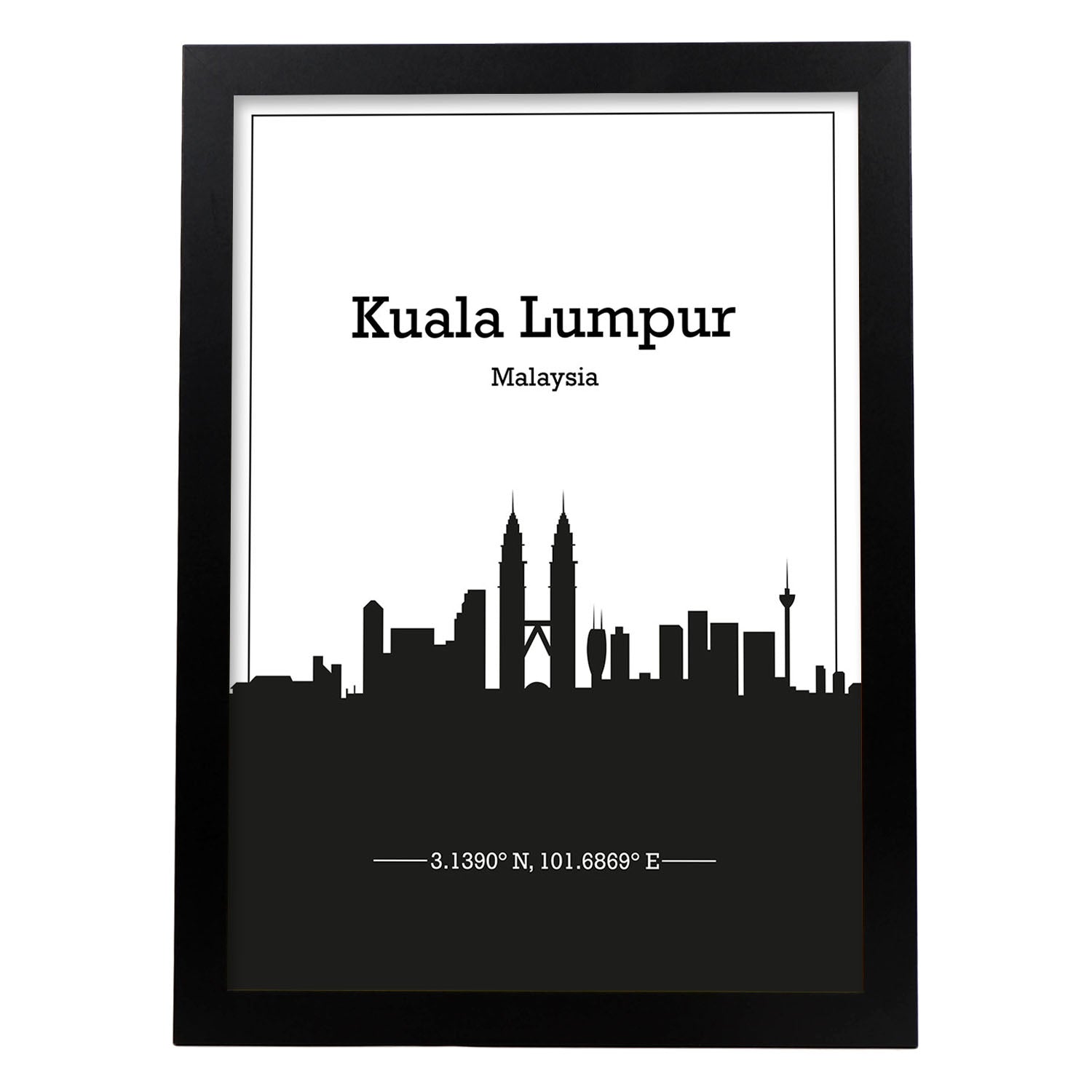 Poster con mapa de Kuala - Lumpur - Malasia. Láminas con Skyline de ciudades de Asia, Australia, y Oriente Medio con sombra negra.-Artwork-Nacnic-A4-Marco Negro-Nacnic Estudio SL