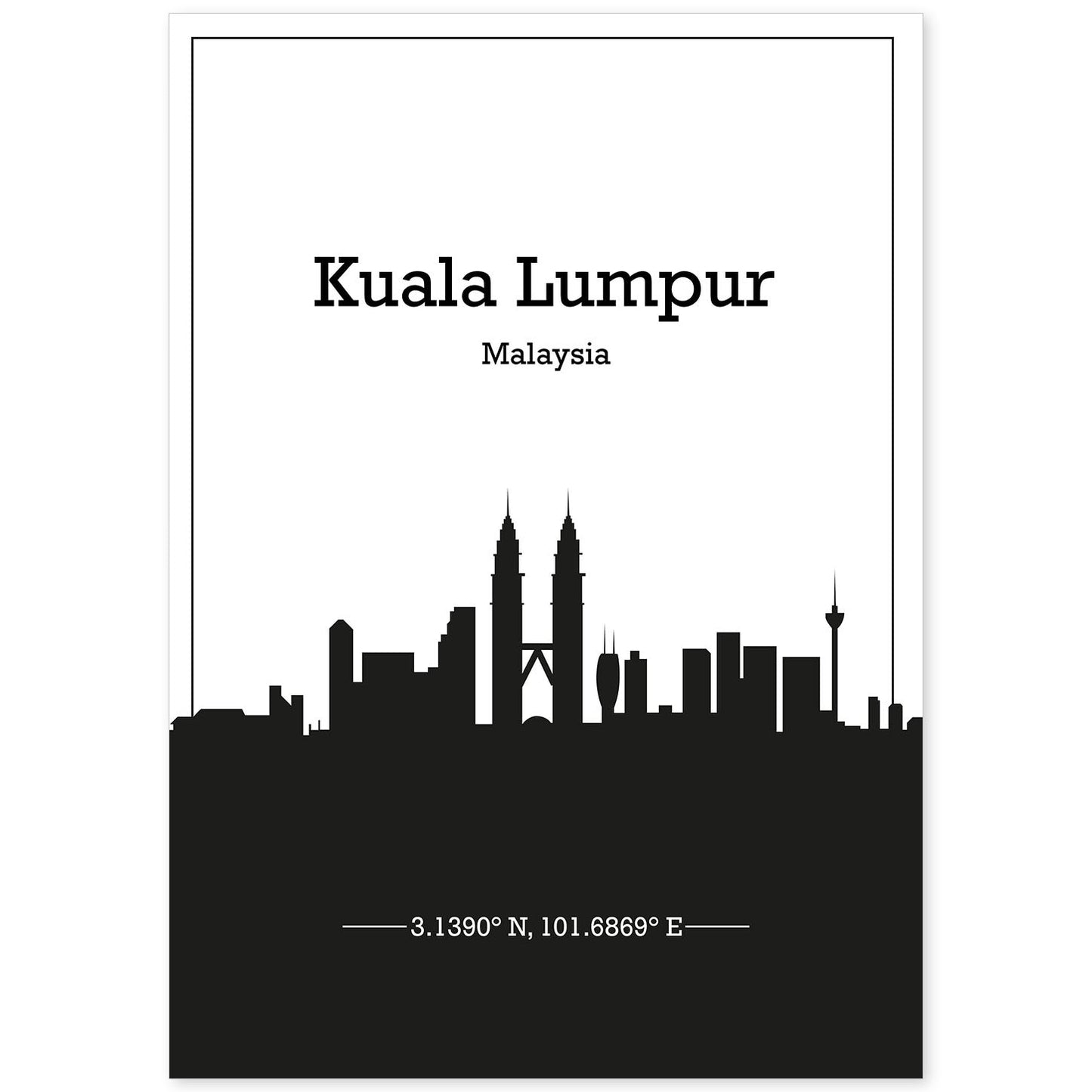 Poster con mapa de Kuala - Lumpur - Malasia. Láminas con Skyline de ciudades de Asia, Australia, y Oriente Medio con sombra negra.-Artwork-Nacnic-A4-Sin marco-Nacnic Estudio SL