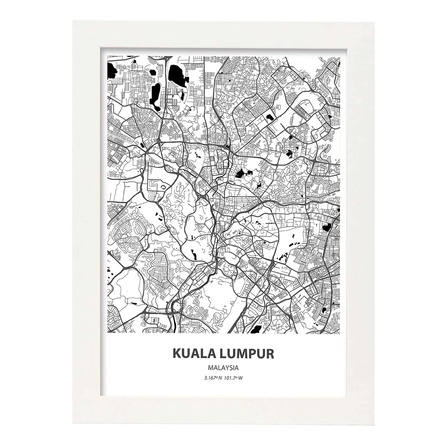 Poster con mapa de Kuala Lumpur - Malasia. Láminas de ciudades de Asia con mares y ríos en color negro.-Artwork-Nacnic-A3-Marco Blanco-Nacnic Estudio SL