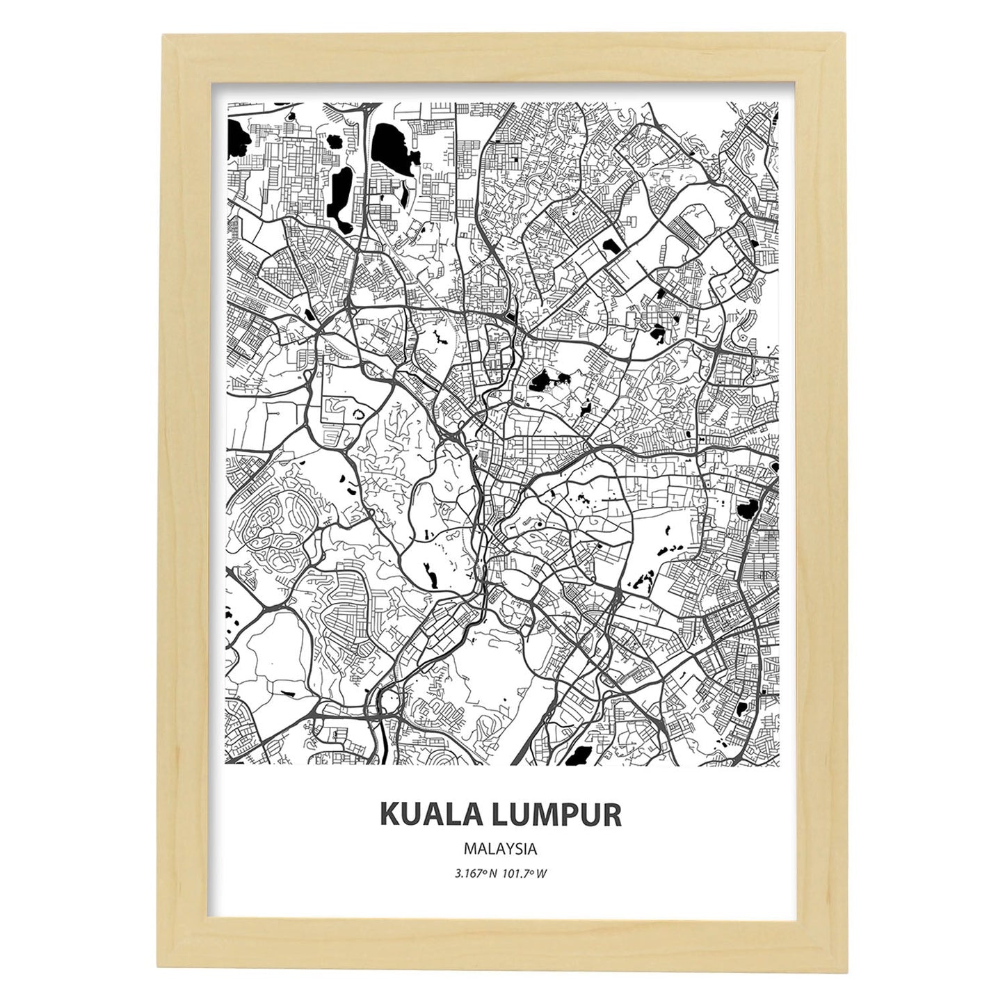 Poster con mapa de Kuala Lumpur - Malasia. Láminas de ciudades de Asia con mares y ríos en color negro.-Artwork-Nacnic-A3-Marco Madera clara-Nacnic Estudio SL