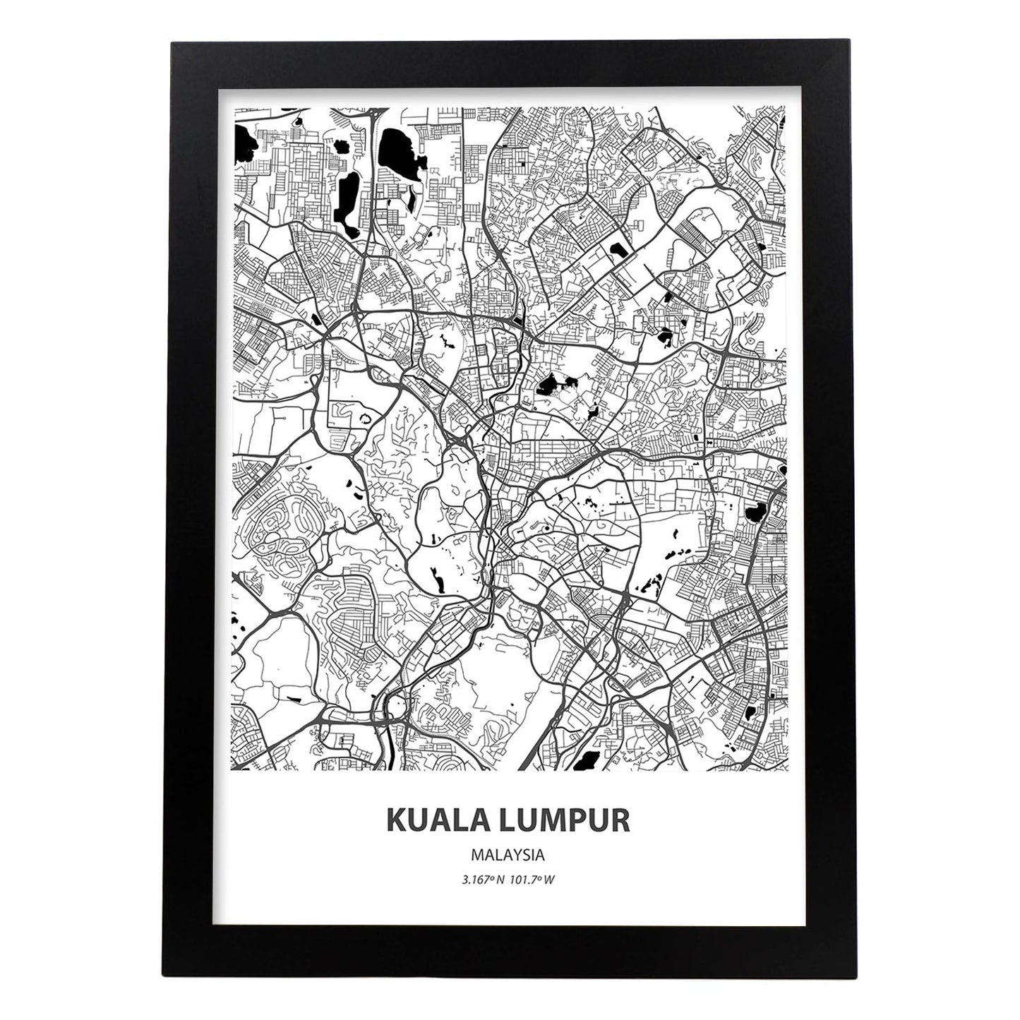 Poster con mapa de Kuala Lumpur - Malasia. Láminas de ciudades de Asia con mares y ríos en color negro.-Artwork-Nacnic-A3-Marco Negro-Nacnic Estudio SL