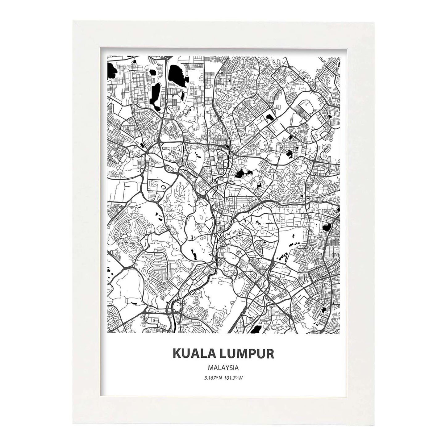 Poster con mapa de Kuala Lumpur - Malasia. Láminas de ciudades de Asia con mares y ríos en color negro.-Artwork-Nacnic-A4-Marco Blanco-Nacnic Estudio SL