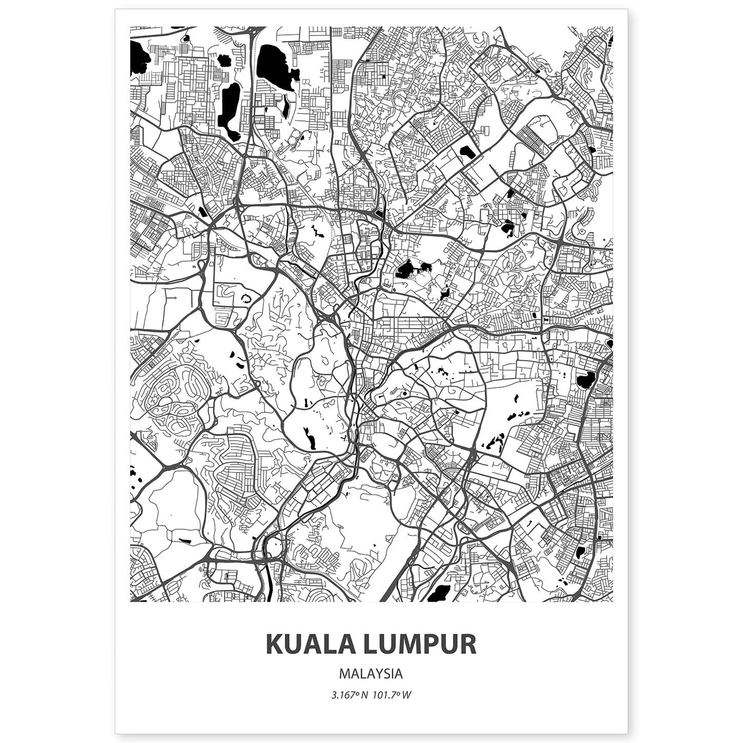 Poster con mapa de Kuala Lumpur - Malasia. Láminas de ciudades de Asia con mares y ríos en color negro.-Artwork-Nacnic-A4-Sin marco-Nacnic Estudio SL