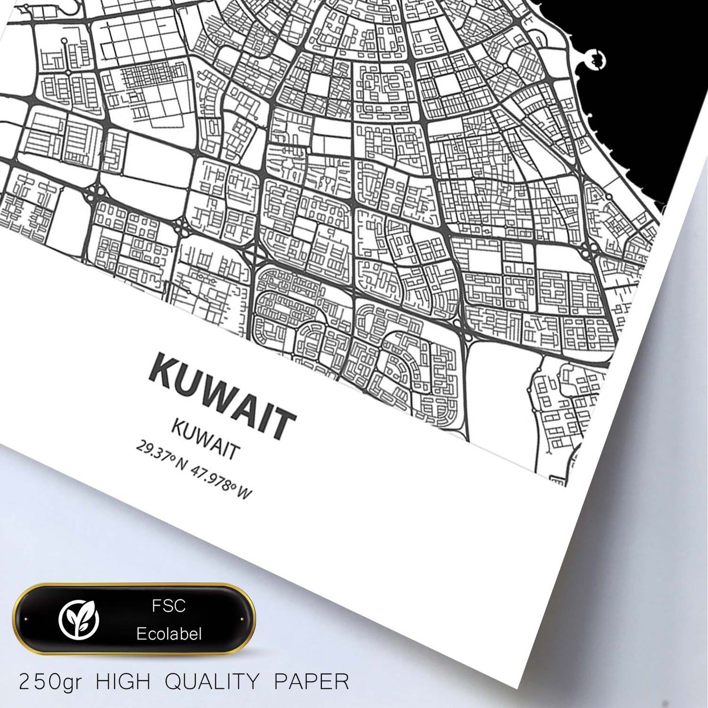 Poster con mapa de Kuwait - Kuwait. Láminas de ciudades de Oriente Medio con mares y ríos en color negro.-Artwork-Nacnic-Nacnic Estudio SL