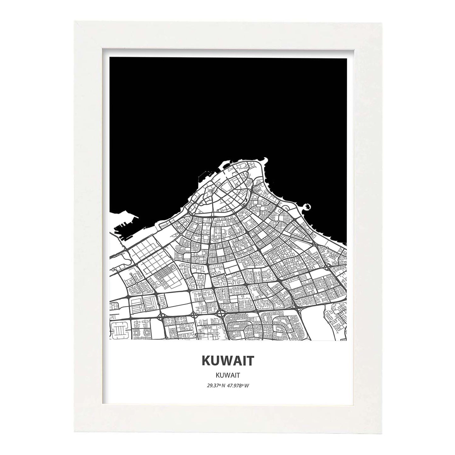 Poster con mapa de Kuwait - Kuwait. Láminas de ciudades de Oriente Medio con mares y ríos en color negro.-Artwork-Nacnic-A3-Marco Blanco-Nacnic Estudio SL