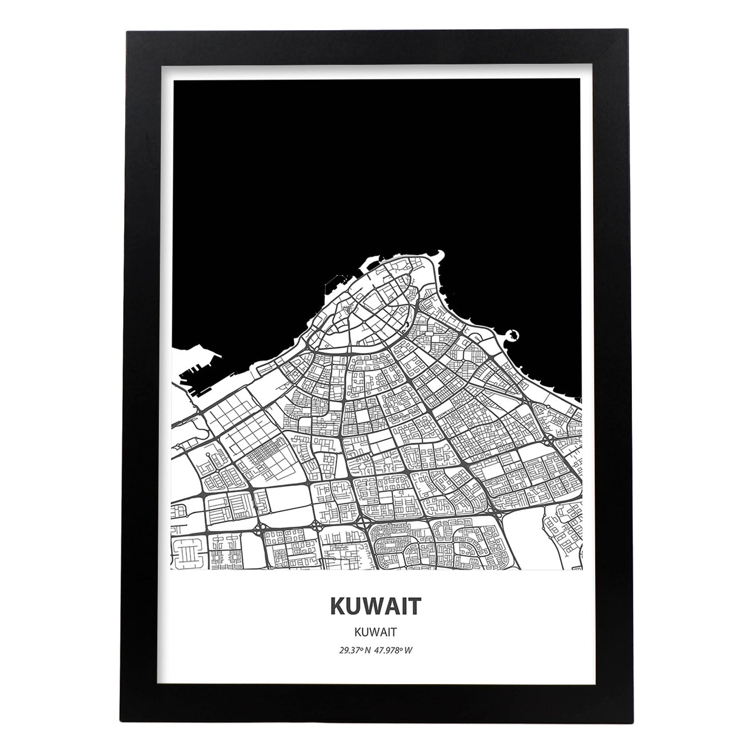 Poster con mapa de Kuwait - Kuwait. Láminas de ciudades de Oriente Medio con mares y ríos en color negro.-Artwork-Nacnic-A3-Marco Negro-Nacnic Estudio SL