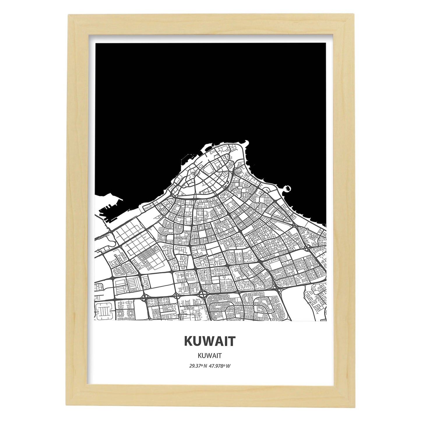 Poster con mapa de Kuwait - Kuwait. Láminas de ciudades de Oriente Medio con mares y ríos en color negro.-Artwork-Nacnic-A4-Marco Madera clara-Nacnic Estudio SL