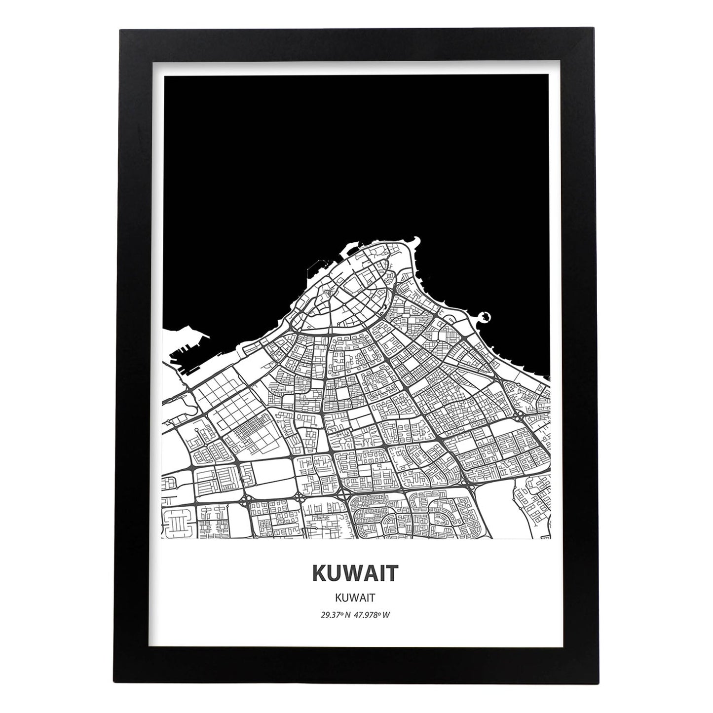 Poster con mapa de Kuwait - Kuwait. Láminas de ciudades de Oriente Medio con mares y ríos en color negro.-Artwork-Nacnic-A4-Marco Negro-Nacnic Estudio SL