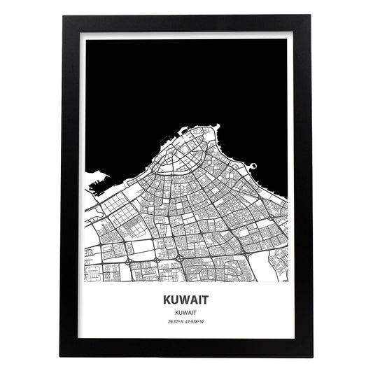Poster con mapa de Kuwait - Kuwait. Láminas de ciudades de Oriente Medio con mares y ríos en color negro.-Artwork-Nacnic-A4-Marco Negro-Nacnic Estudio SL