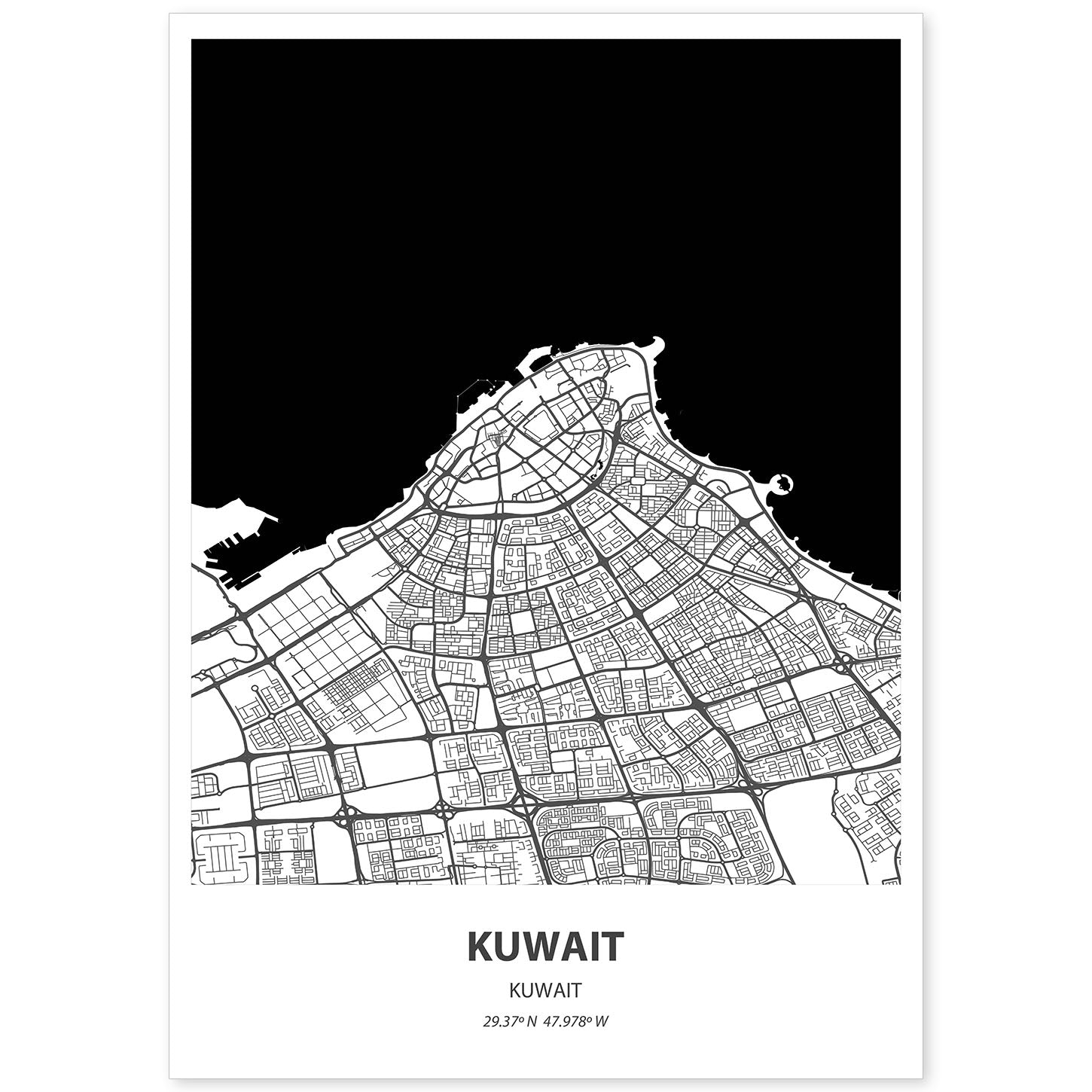 Poster con mapa de Kuwait - Kuwait. Láminas de ciudades de Oriente Medio con mares y ríos en color negro.-Artwork-Nacnic-A4-Sin marco-Nacnic Estudio SL