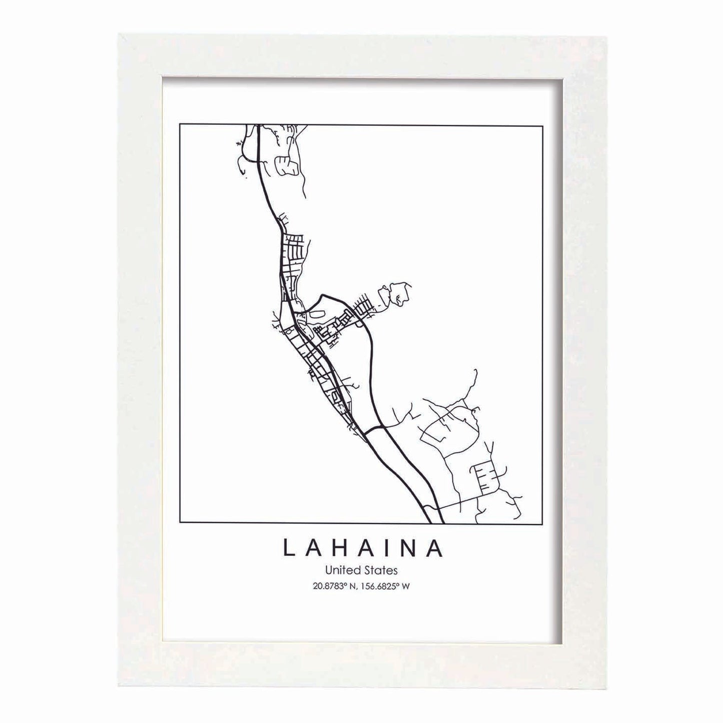 Poster con mapa de Lahaina. Lámina de Estados Unidos, con imágenes de mapas y carreteras-Artwork-Nacnic-A3-Marco Blanco-Nacnic Estudio SL