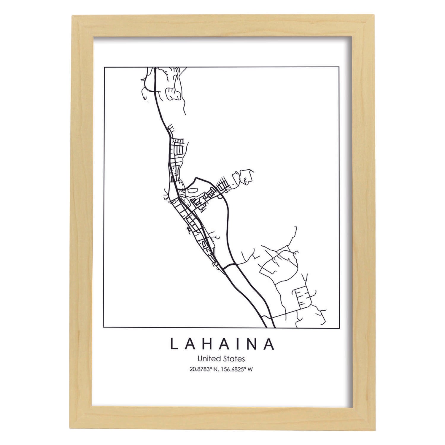 Poster con mapa de Lahaina. Lámina de Estados Unidos, con imágenes de mapas y carreteras-Artwork-Nacnic-A3-Marco Madera clara-Nacnic Estudio SL