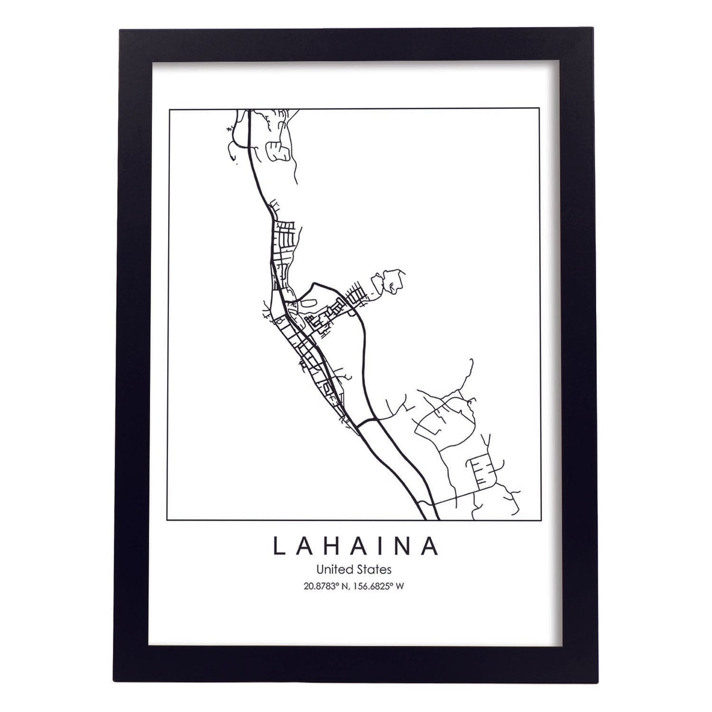 Poster con mapa de Lahaina. Lámina de Estados Unidos, con imágenes de mapas y carreteras-Artwork-Nacnic-A3-Marco Negro-Nacnic Estudio SL