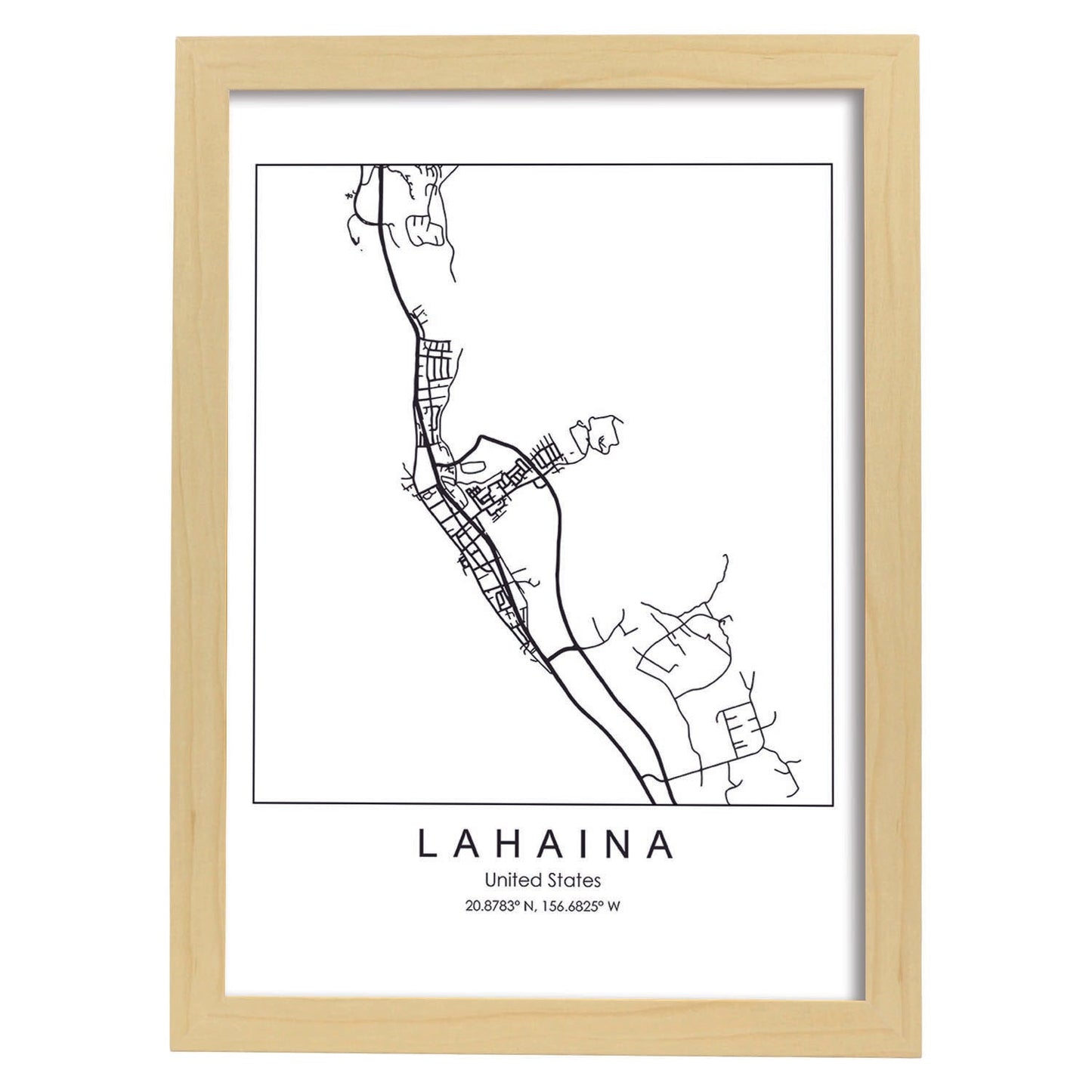 Poster con mapa de Lahaina. Lámina de Estados Unidos, con imágenes de mapas y carreteras-Artwork-Nacnic-A4-Marco Madera clara-Nacnic Estudio SL