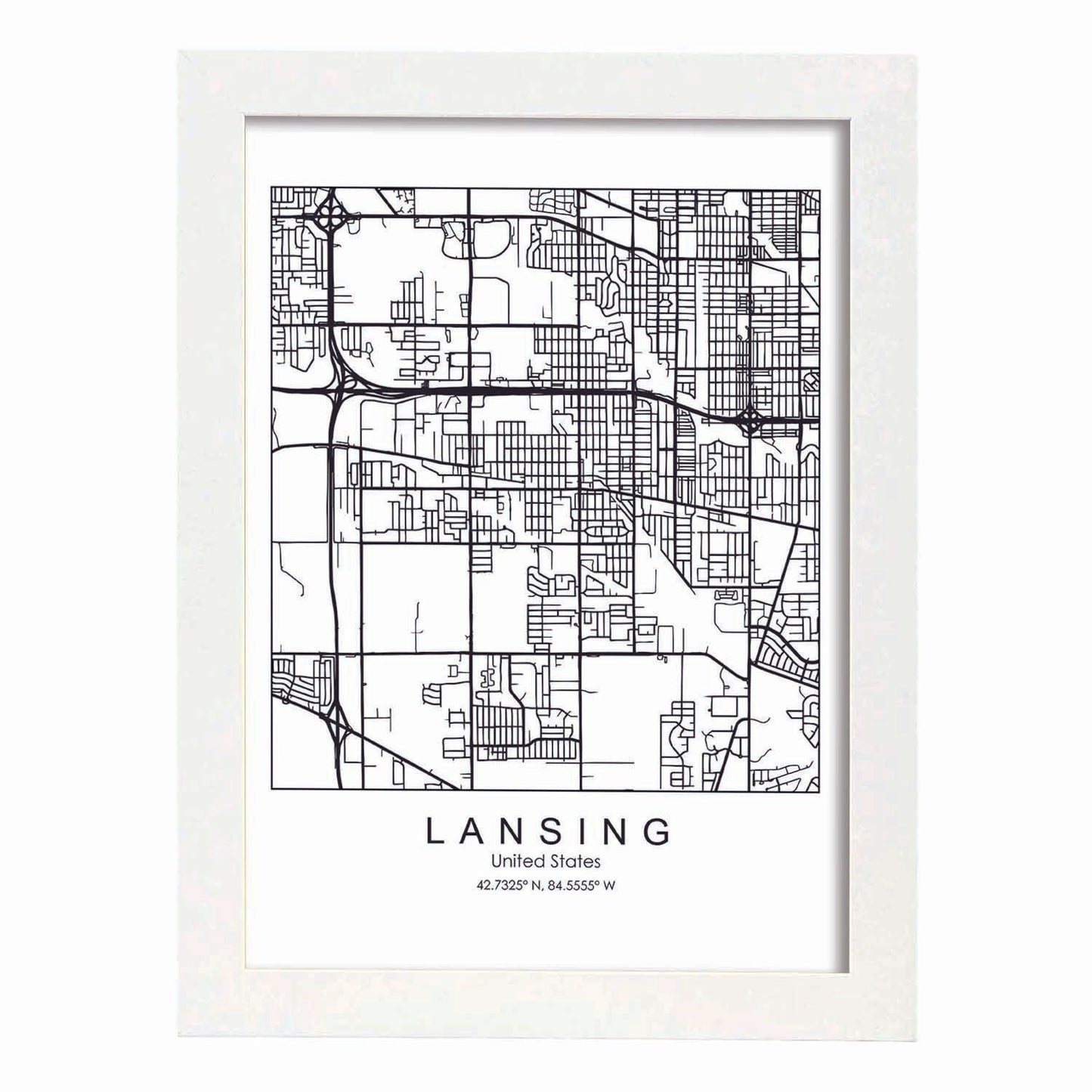 Poster con mapa de Lansing. Lámina de Estados Unidos, con imágenes de mapas y carreteras-Artwork-Nacnic-A3-Marco Blanco-Nacnic Estudio SL
