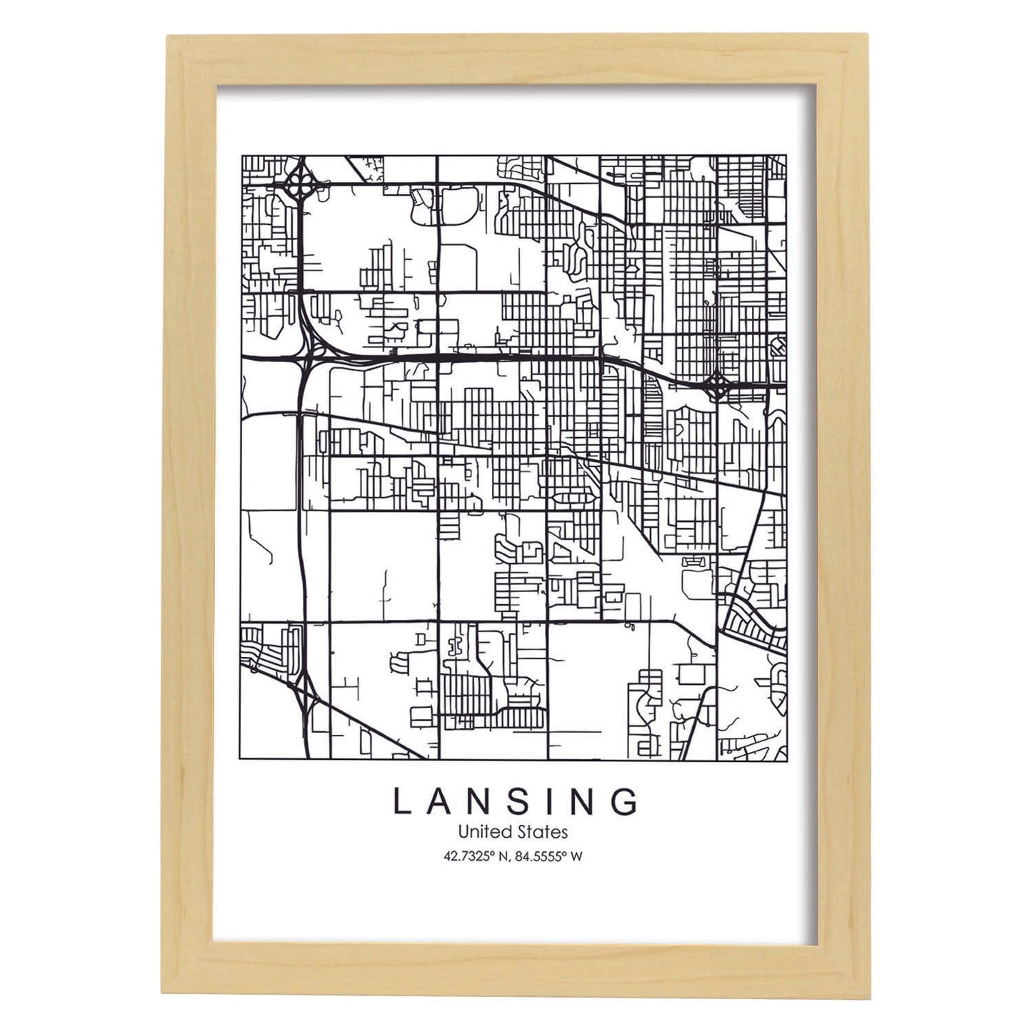 Poster con mapa de Lansing. Lámina de Estados Unidos, con imágenes de mapas y carreteras-Artwork-Nacnic-A3-Marco Madera clara-Nacnic Estudio SL
