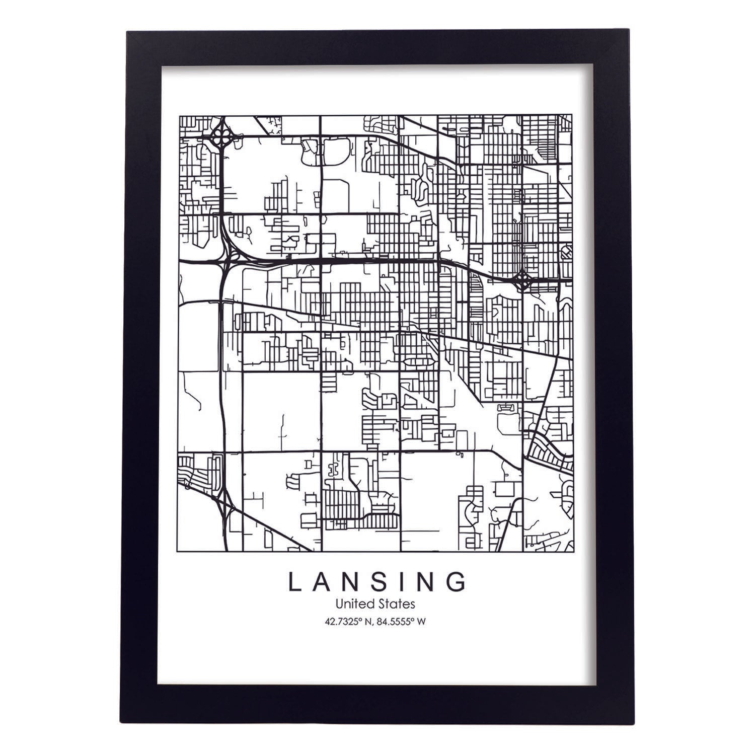 Poster con mapa de Lansing. Lámina de Estados Unidos, con imágenes de mapas y carreteras-Artwork-Nacnic-A3-Marco Negro-Nacnic Estudio SL