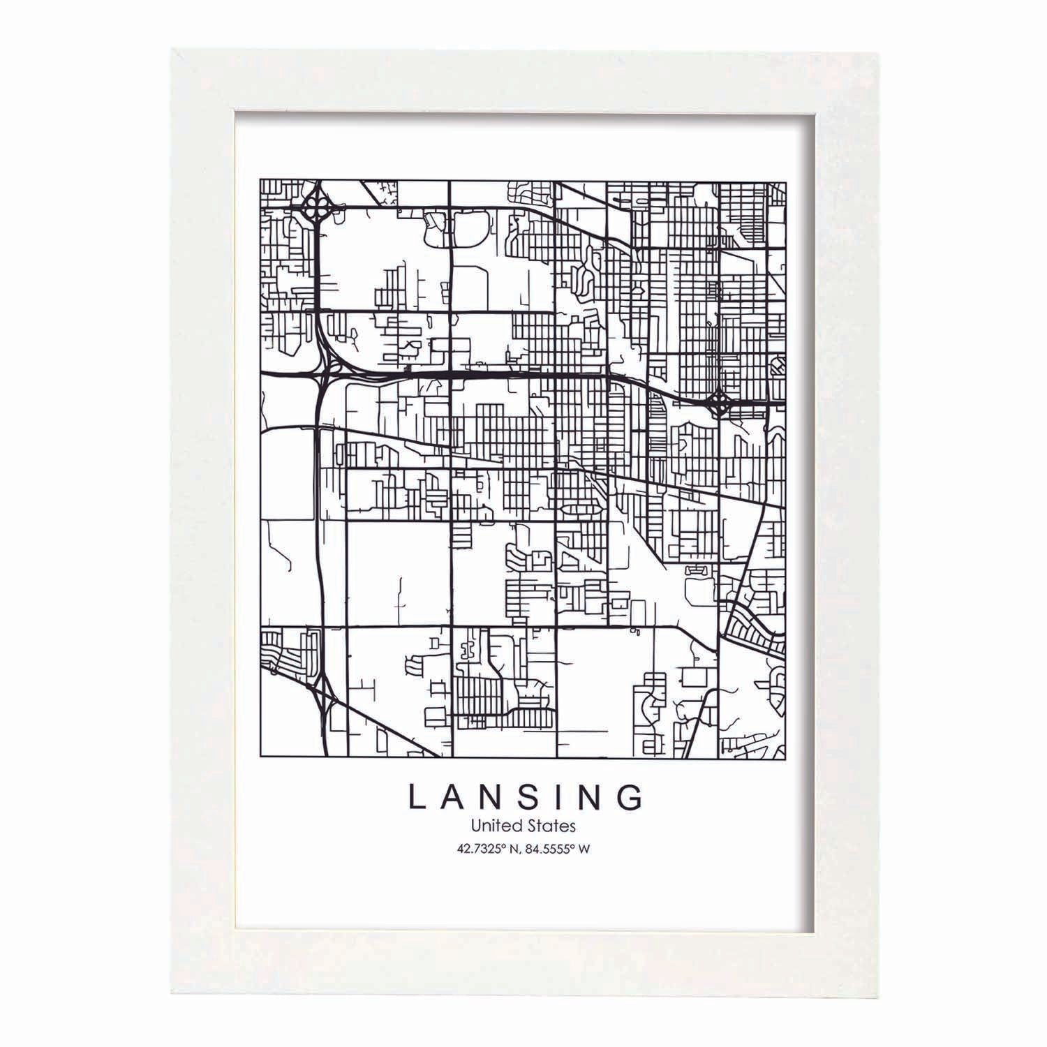 Poster con mapa de Lansing. Lámina de Estados Unidos, con imágenes de mapas y carreteras-Artwork-Nacnic-A4-Marco Blanco-Nacnic Estudio SL